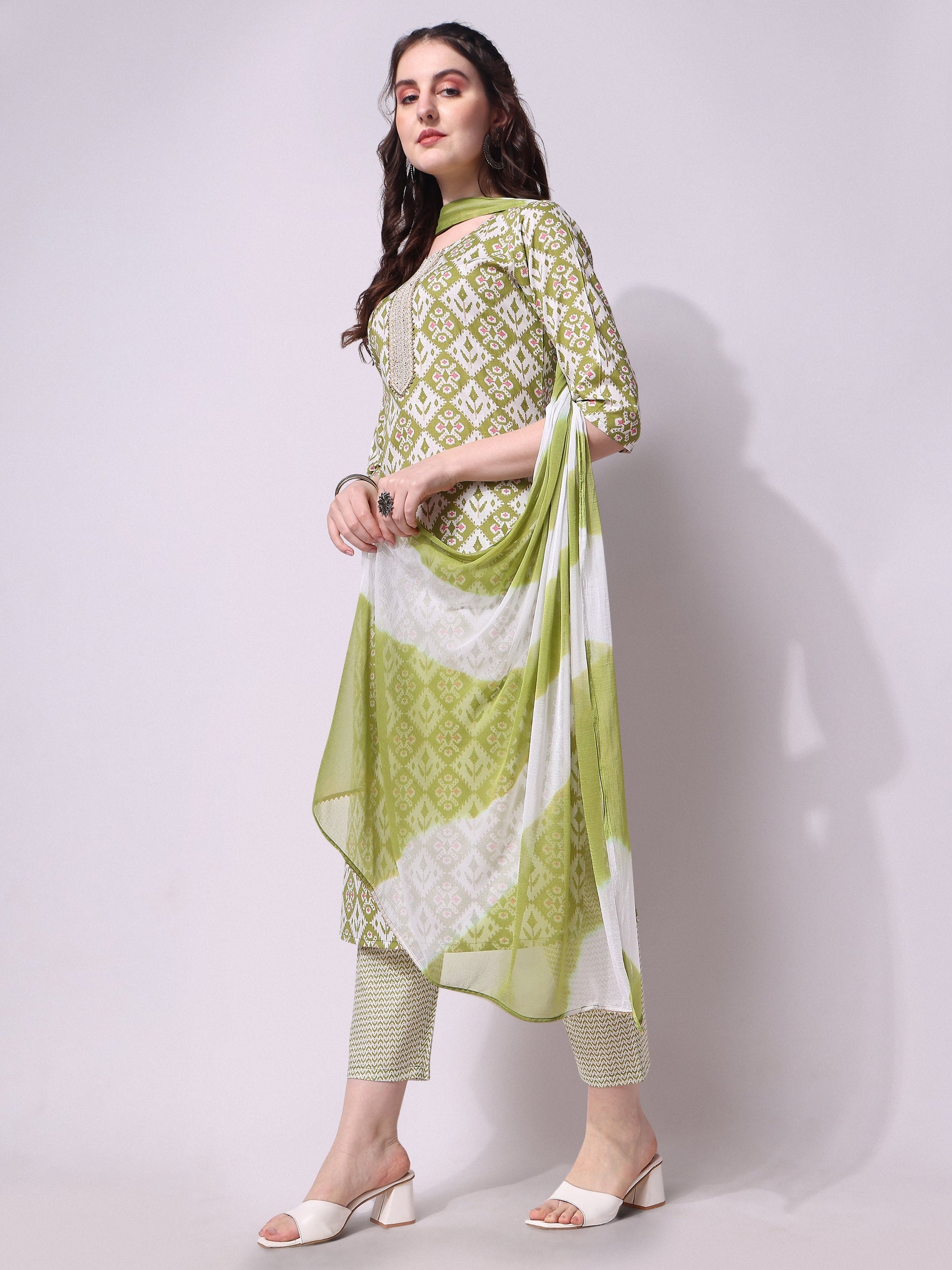 Cotton Green Printed Kurta With Pant & Dupatta Set, Multicolor - Hiral Fashion