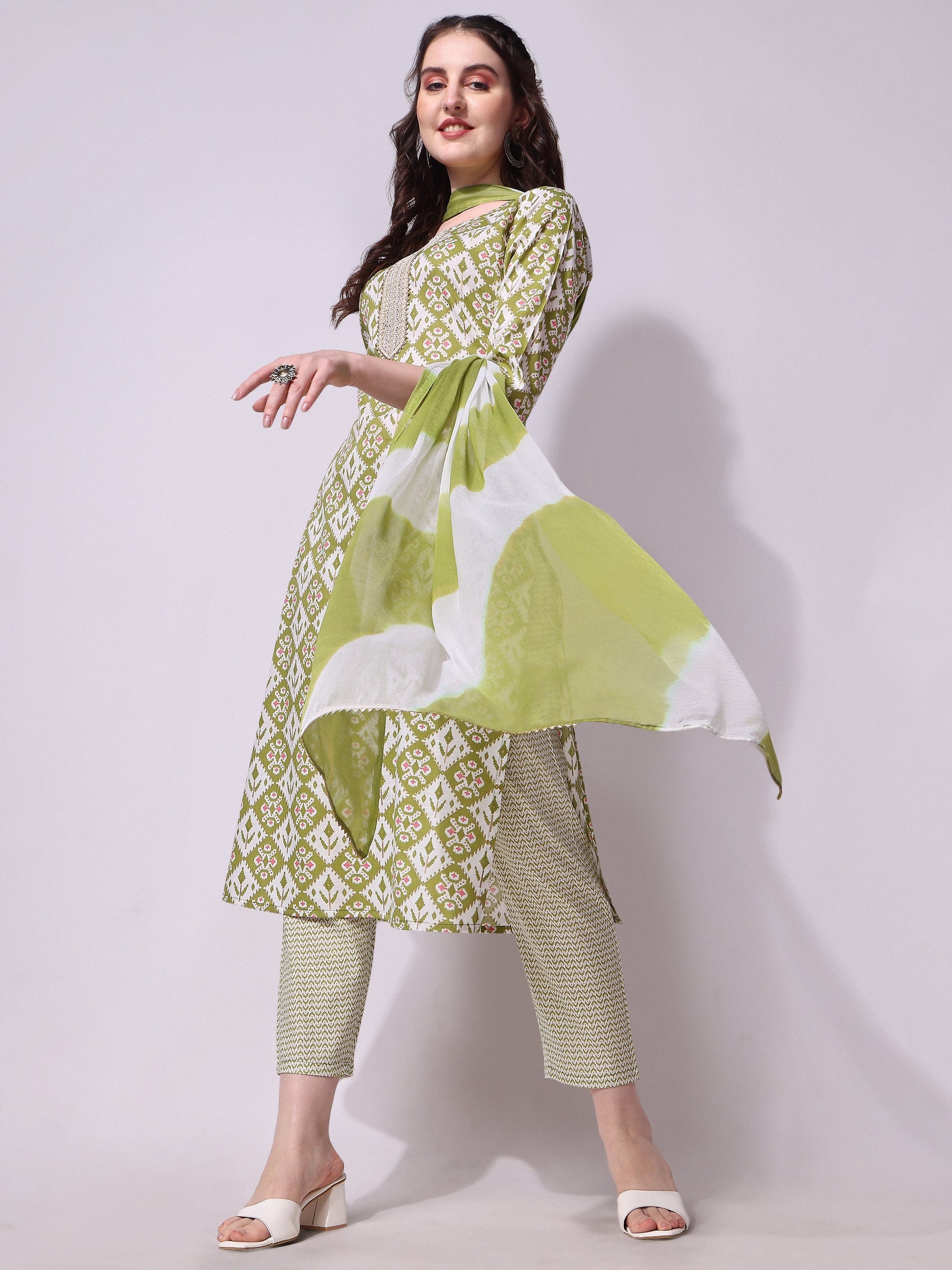 Cotton Green Printed Kurta With Pant & Dupatta Set, Multicolor - Hiral Fashion