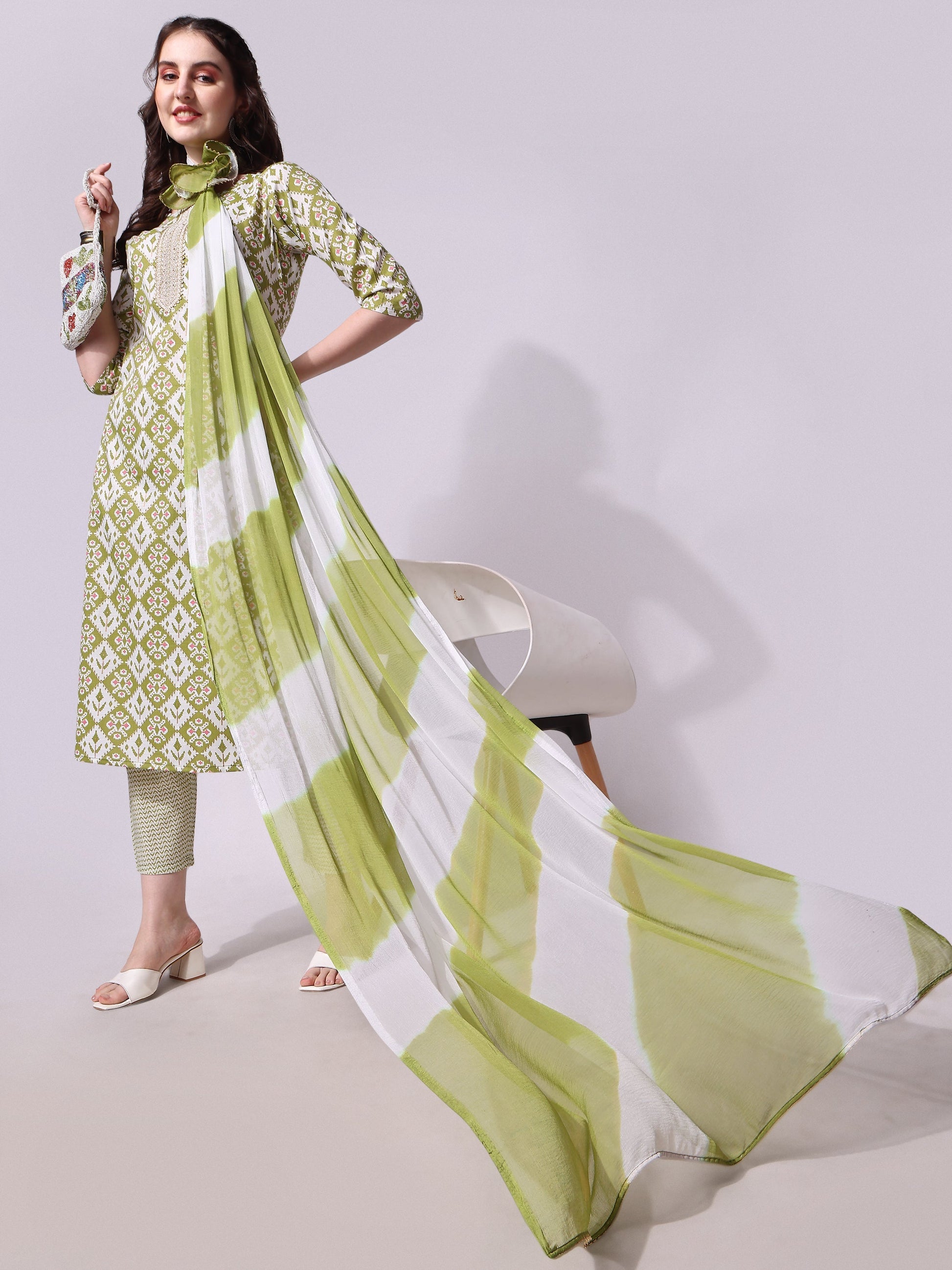 Cotton Green Printed Kurta With Pant & Dupatta Set, Multicolor - Hiral Fashion