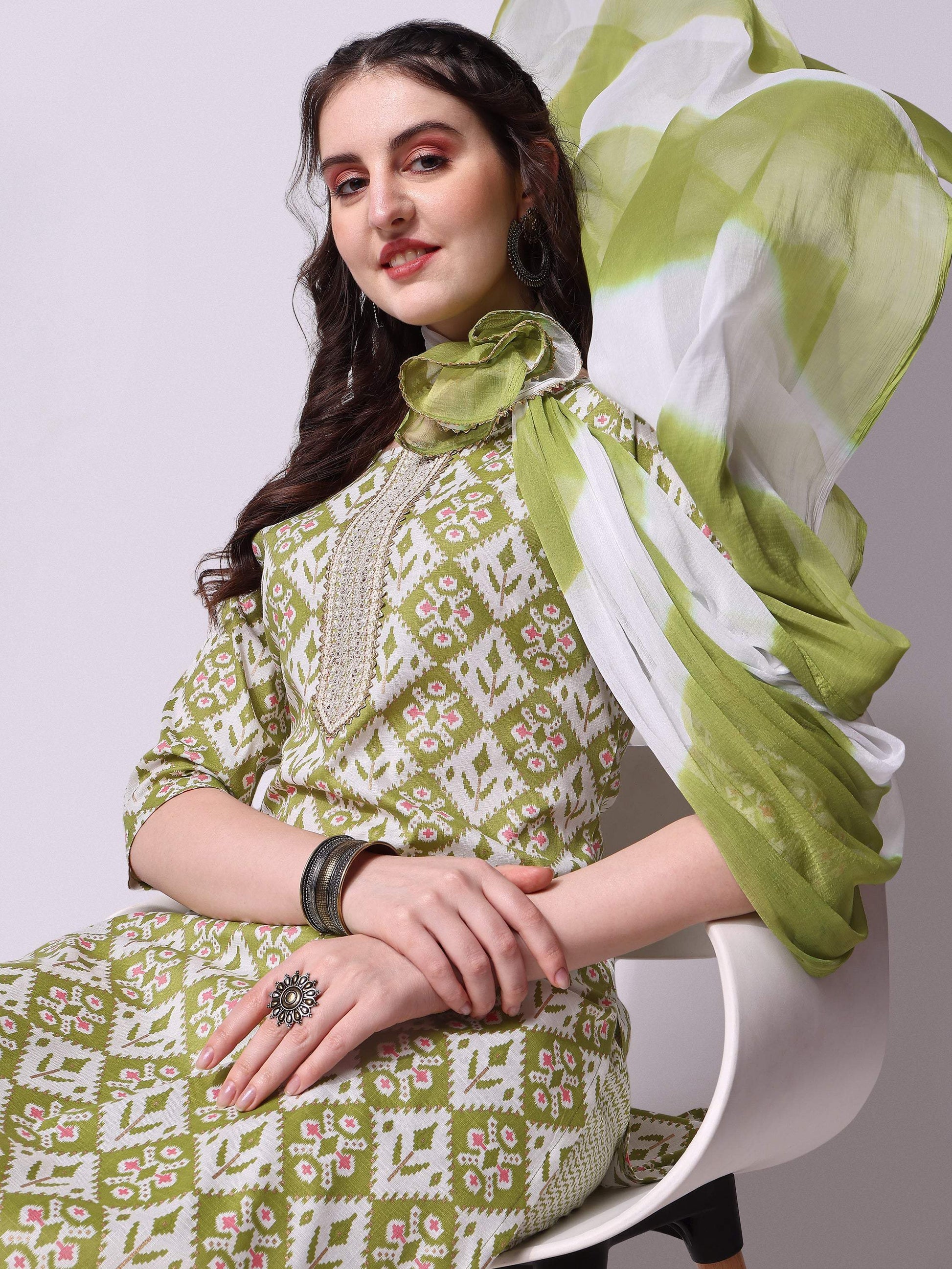 Cotton Green Printed Kurta With Pant & Dupatta Set, Multicolor - Hiral Fashion