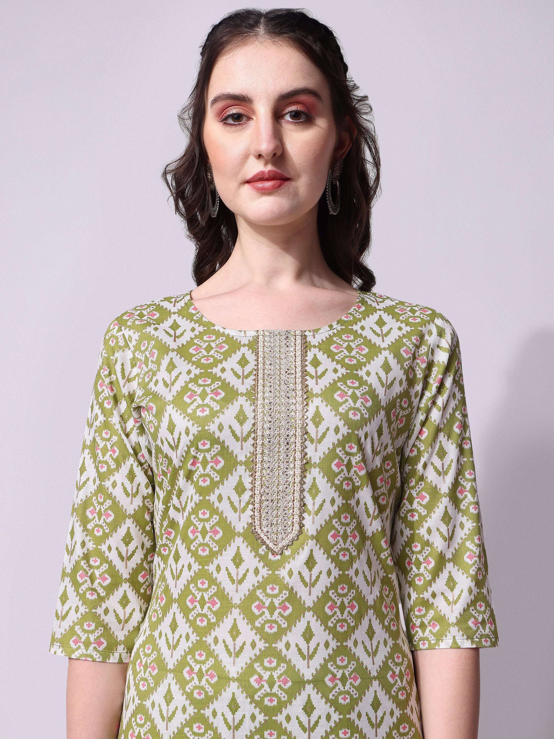Cotton Green Printed Kurta With Pant & Dupatta Set, Multicolor - Hiral Fashion
