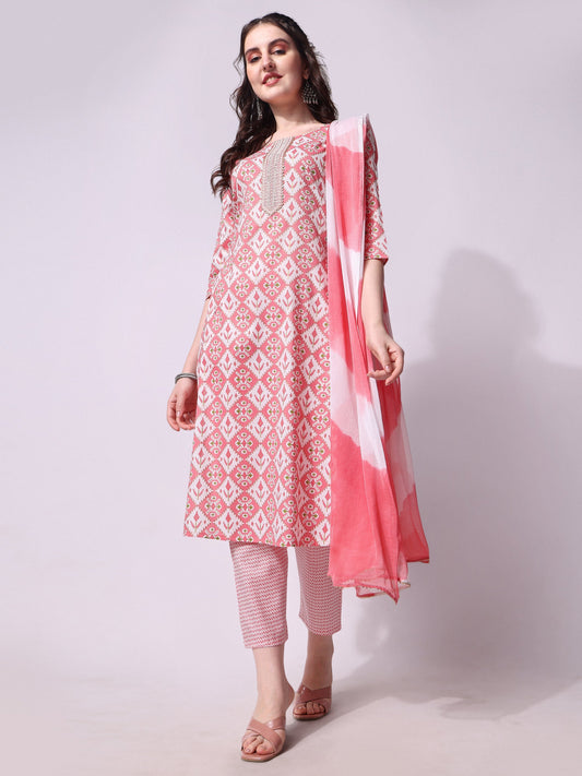 Printed Kurta With Pant & Printed Dupatta Set, Multicolor - Hiral Fashion