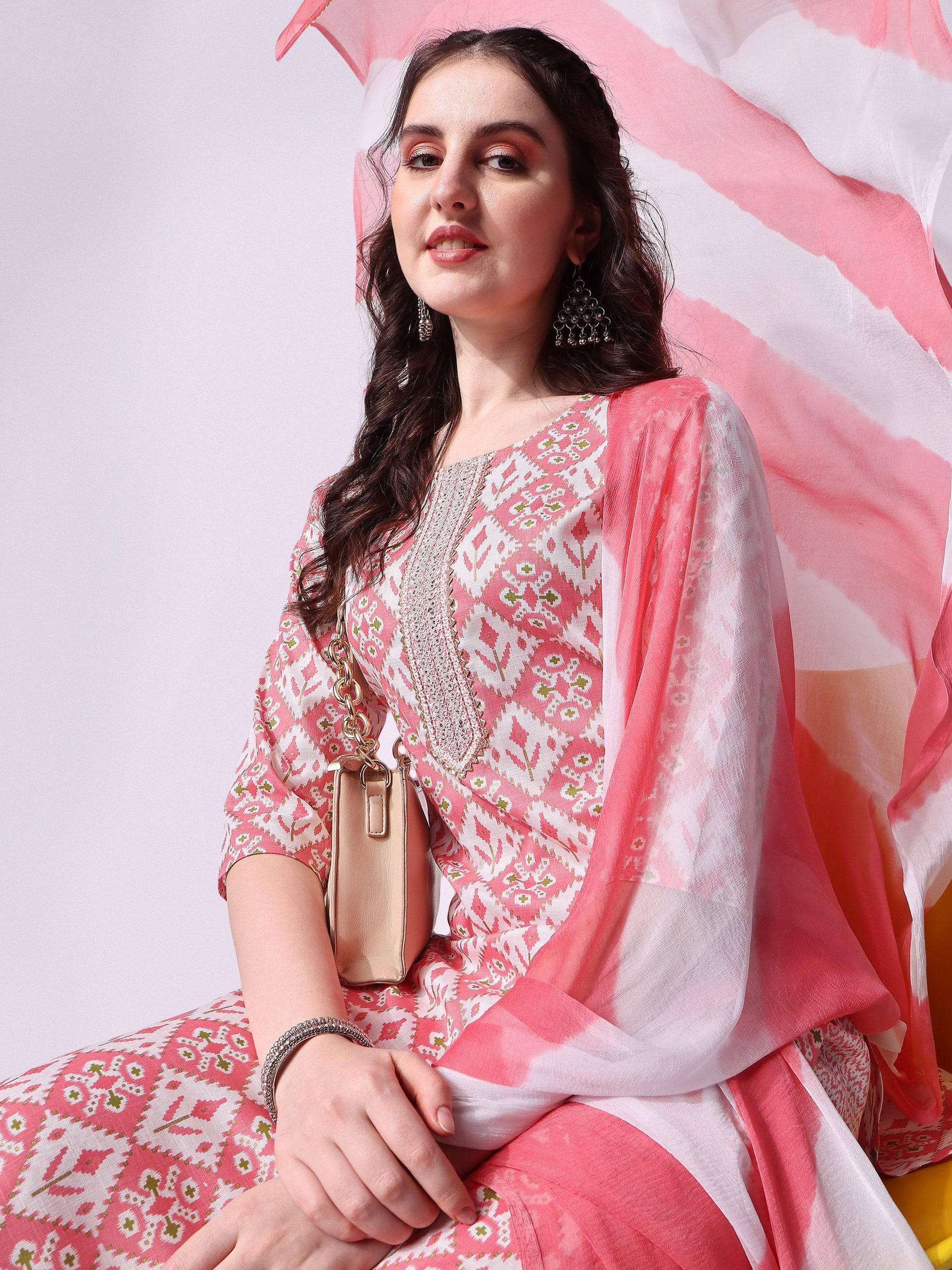 Printed Kurta With Pant & Printed Dupatta Set, Multicolor - Hiral Fashion