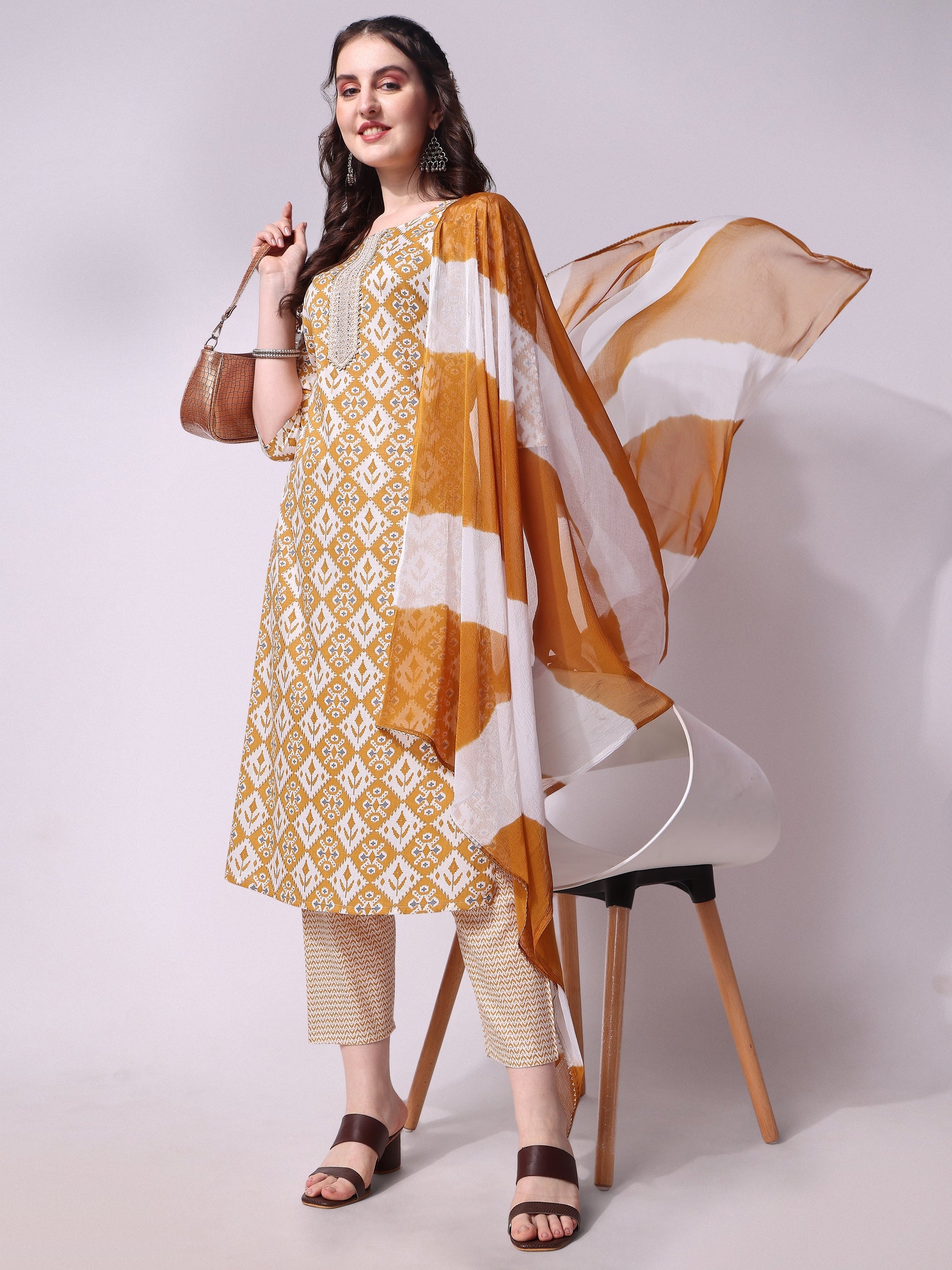 Printed Kurta With Pant & Printed Dupatta Set, Multicolor - Hiral Fashion