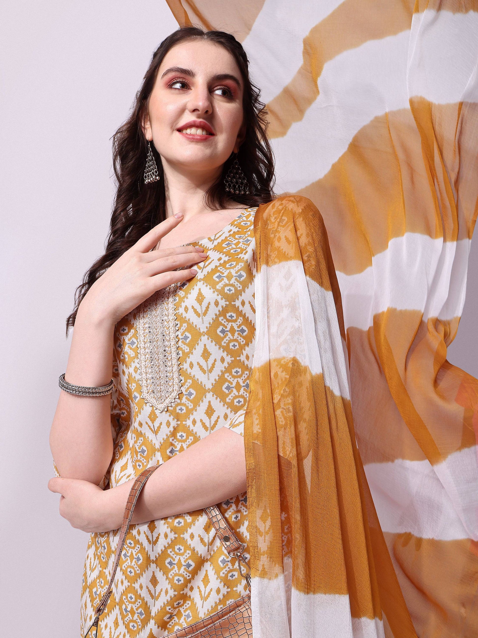 Printed Kurta With Pant & Printed Dupatta Set, Multicolor - Hiral Fashion