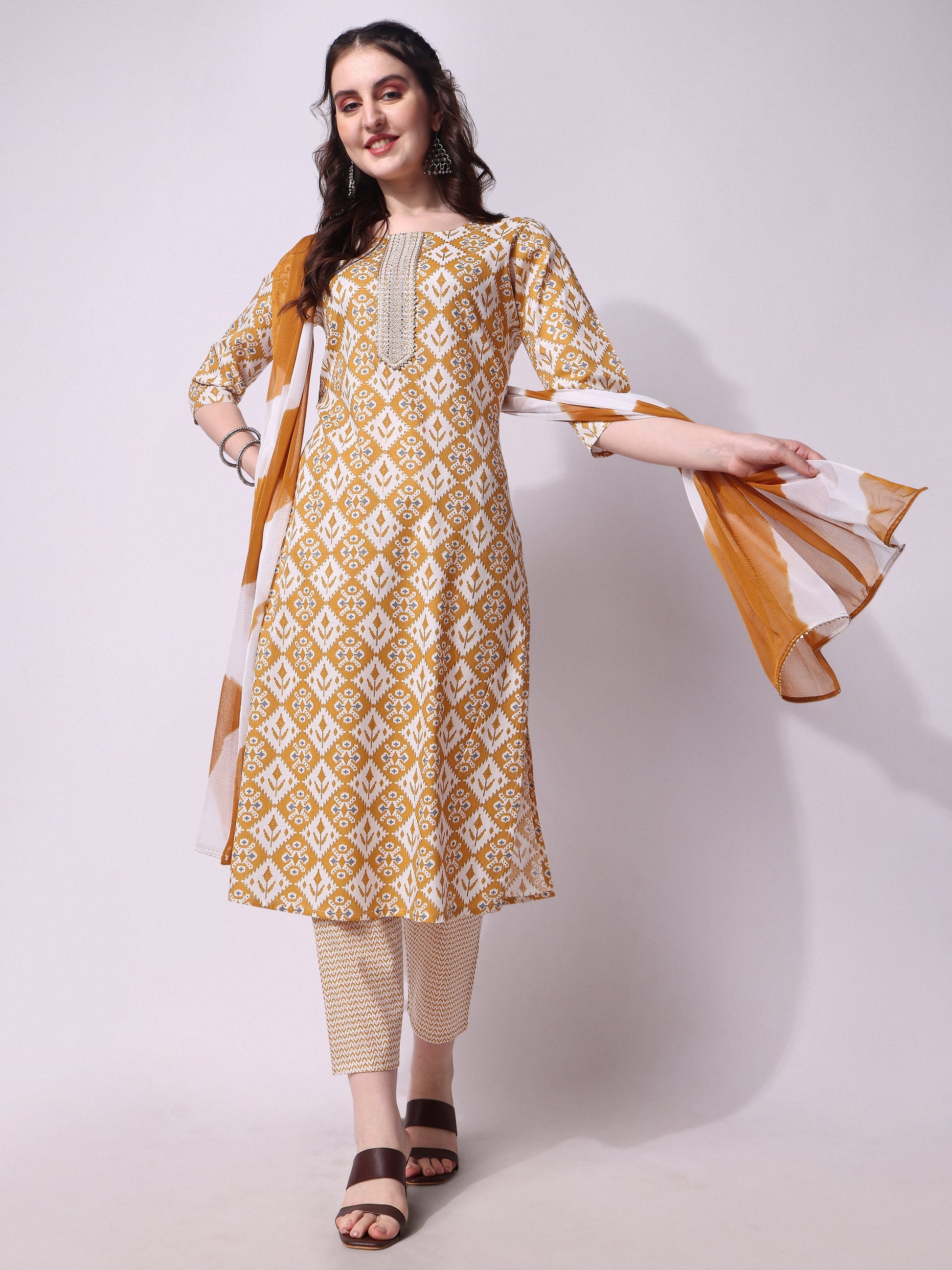 Printed Kurta With Pant & Printed Dupatta Set, Multicolor - Hiral Fashion