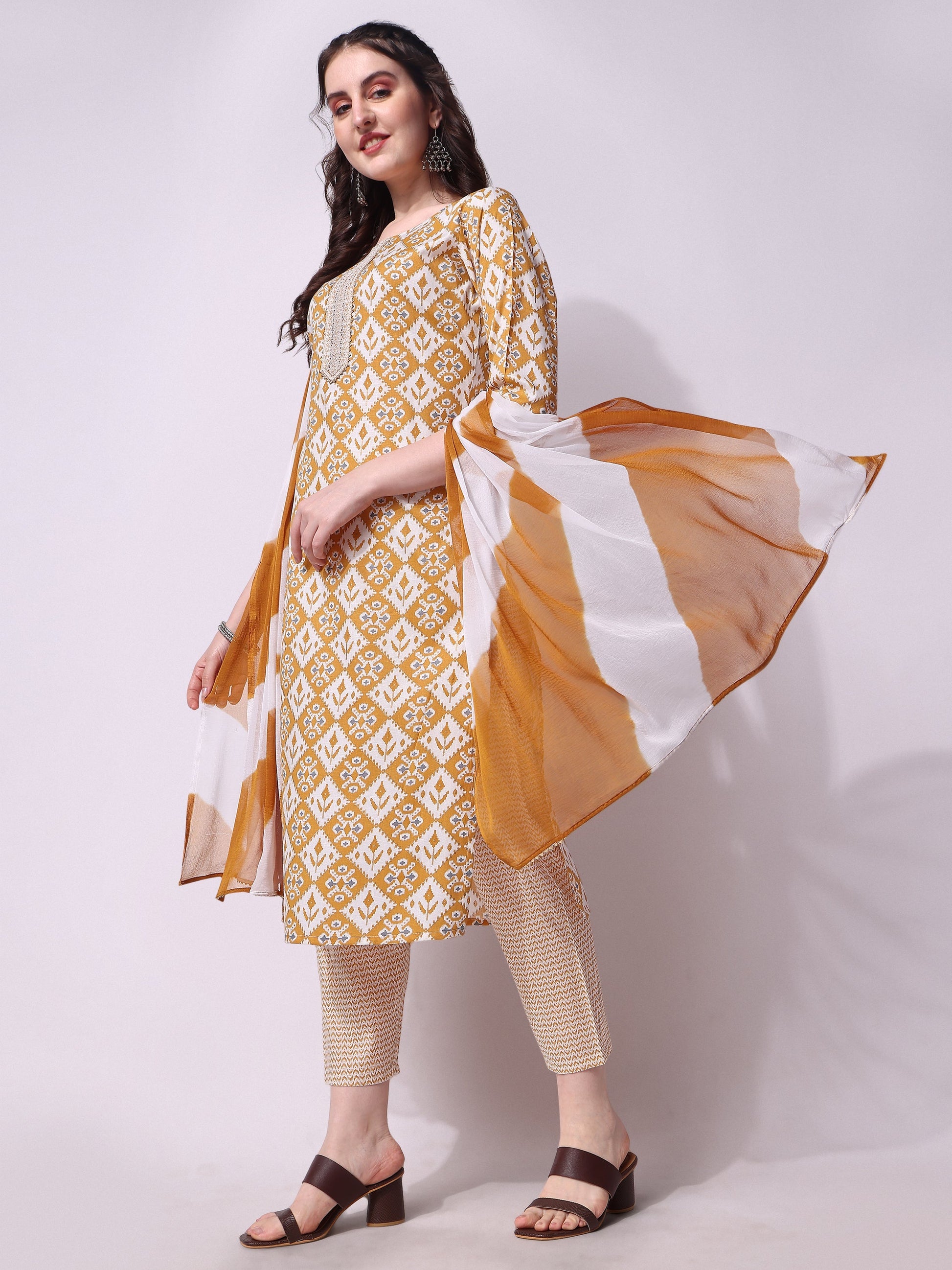Printed Kurta With Pant & Printed Dupatta Set, Multicolor - Hiral Fashion