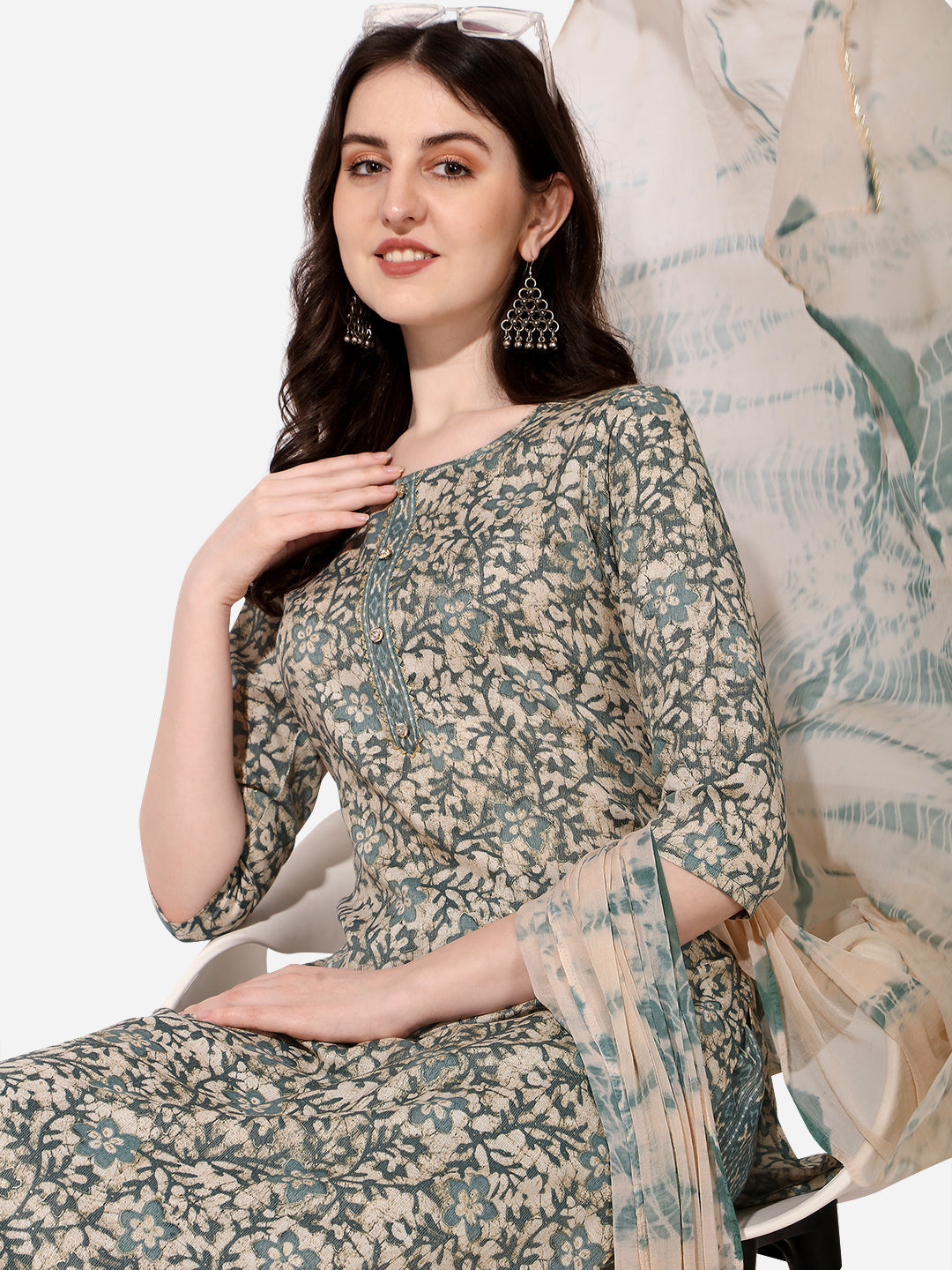Floral Printed Kurta With Pant And Dupatta Set, Multicolor - Hiral Fashion