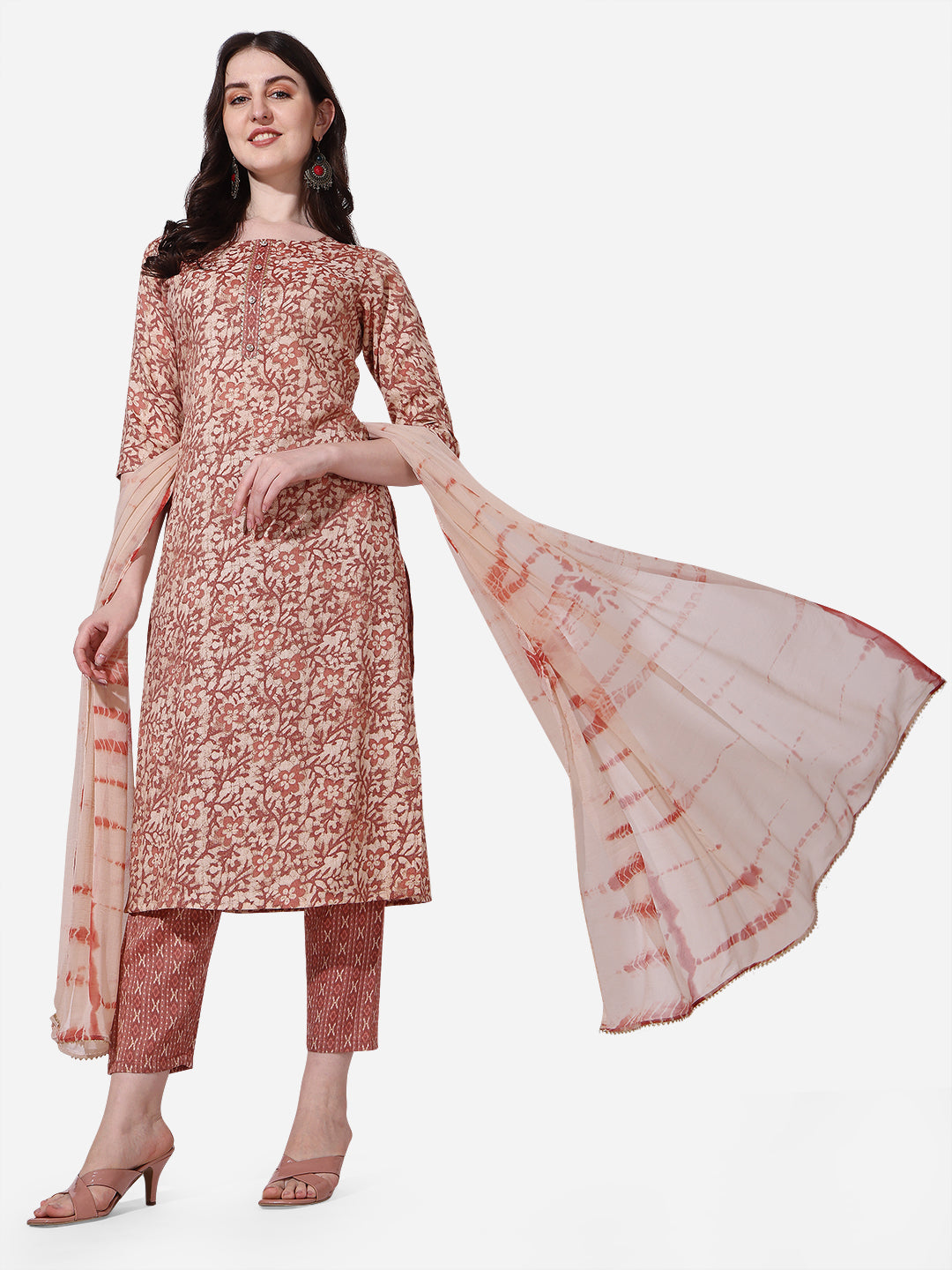 Floral Printed Rust Kurta With Pant And Dupatta Set, Multicolor - Hiral Fashion