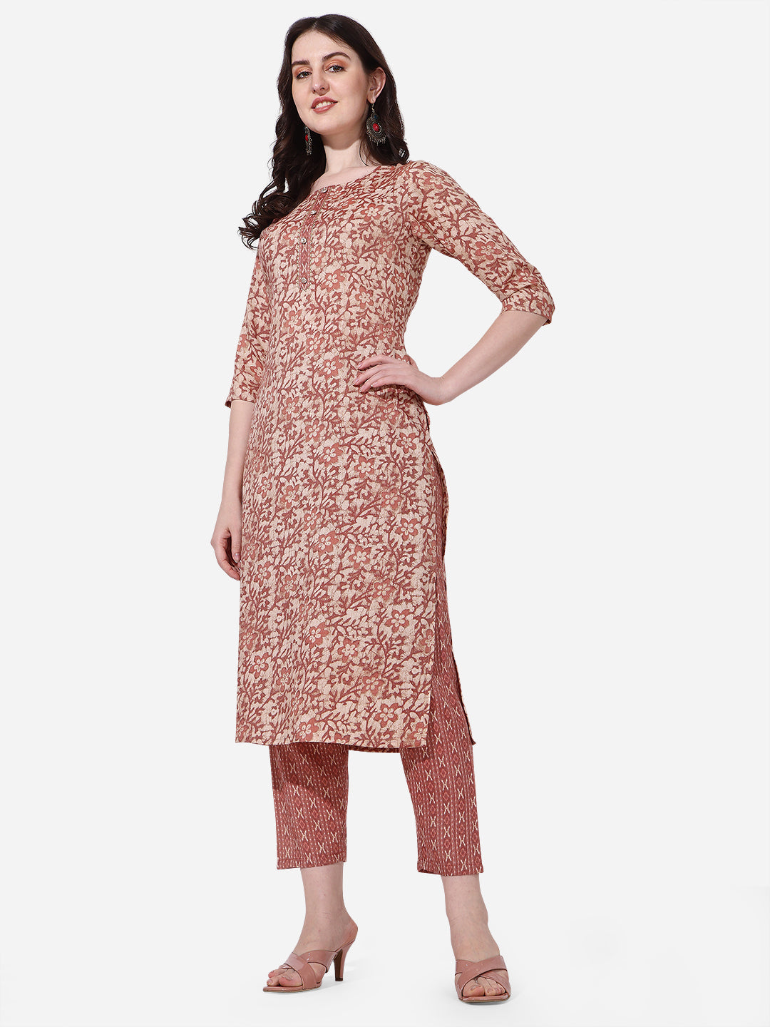 Floral Printed Rust Kurta With Pant And Dupatta Set, Multicolor - Hiral Fashion