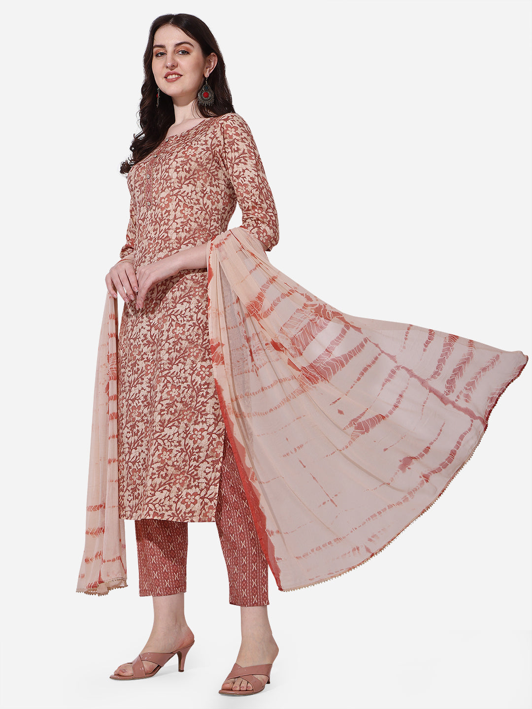 Floral Printed Rust Kurta With Pant And Dupatta Set, Multicolor - Hiral Fashion