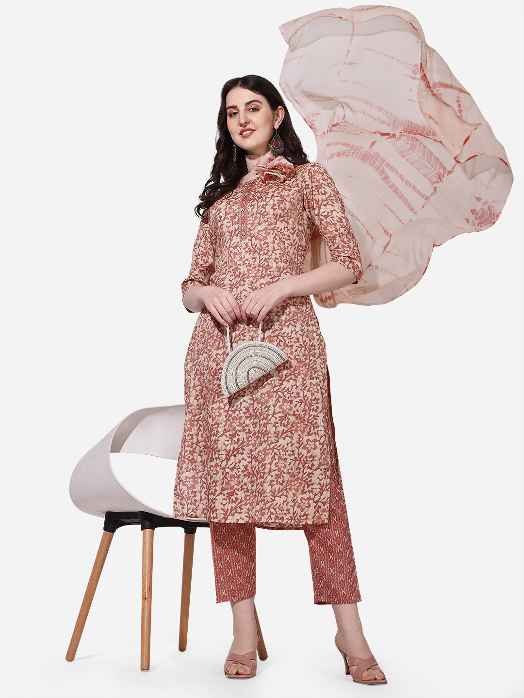 Floral Printed Rust Kurta With Pant And Dupatta Set, Multicolor - Hiral Fashion