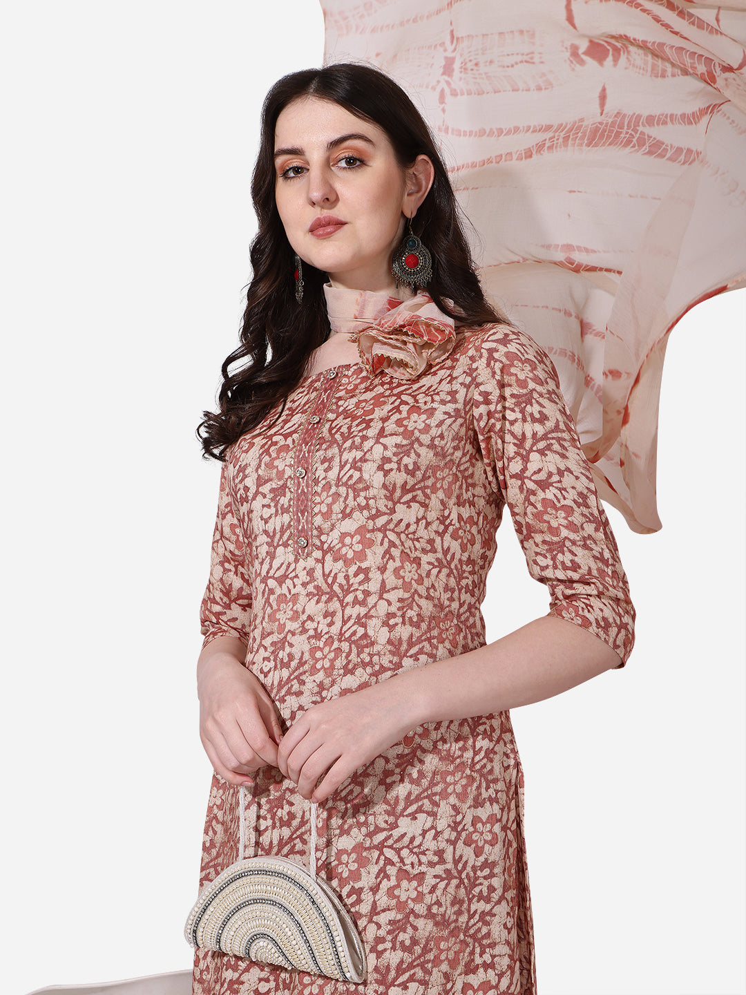 Floral Printed Rust Kurta With Pant And Dupatta Set, Multicolor - Hiral Fashion