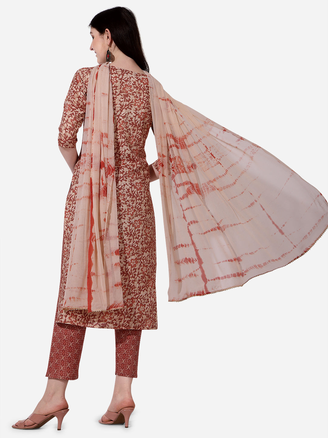 Floral Printed Rust Kurta With Pant And Dupatta Set, Multicolor - Hiral Fashion