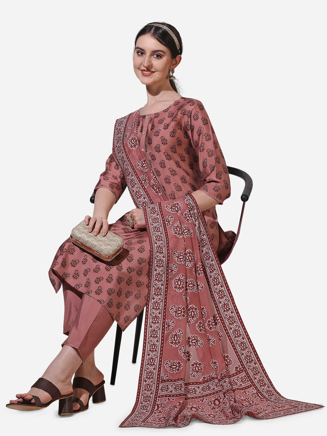 Floral Printed Rust Kurta With Pant And Dupatta Set, Multicolor - Hiral Fashion