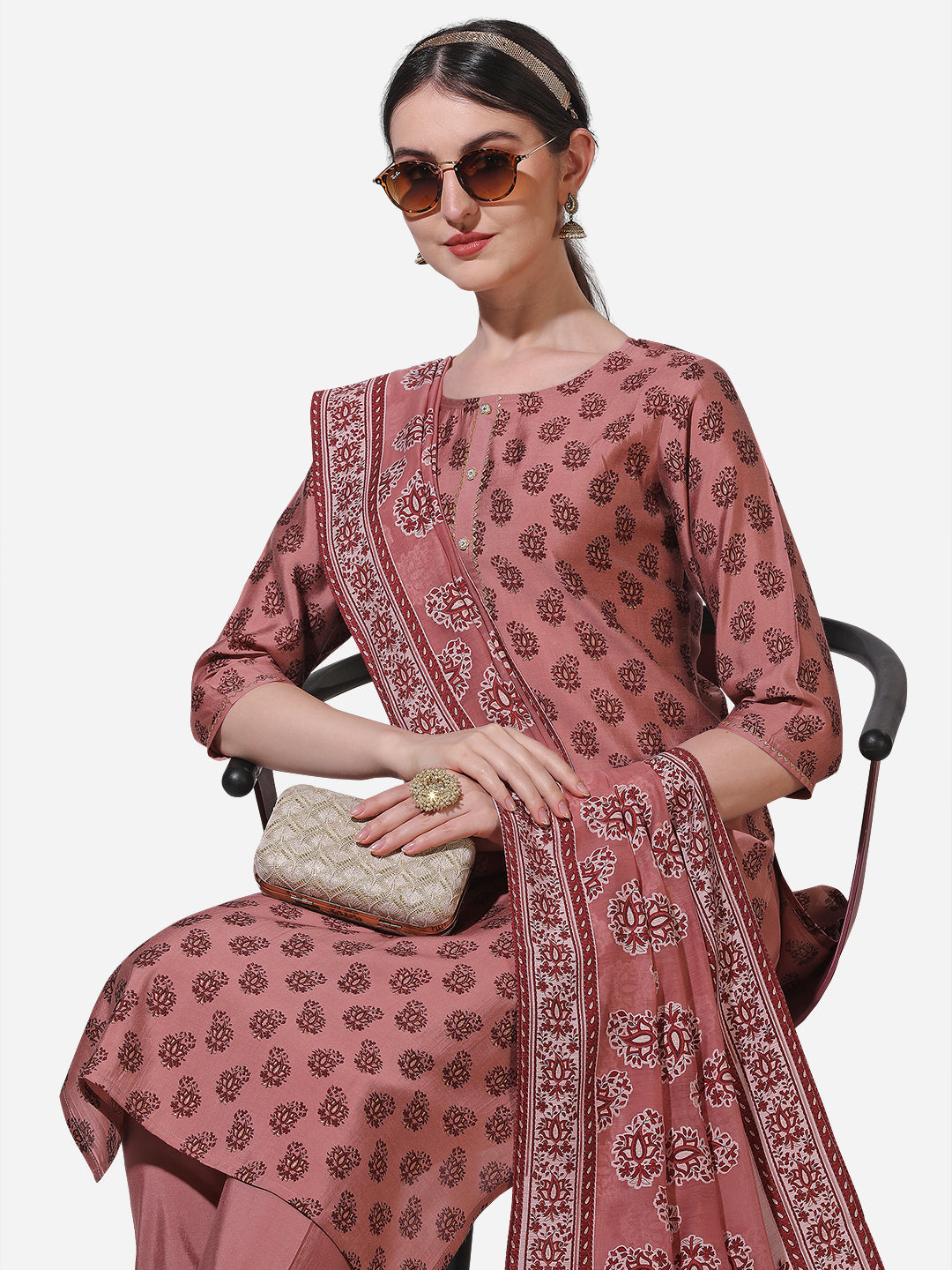 Floral Printed Rust Kurta With Pant And Dupatta Set, Multicolor - Hiral Fashion