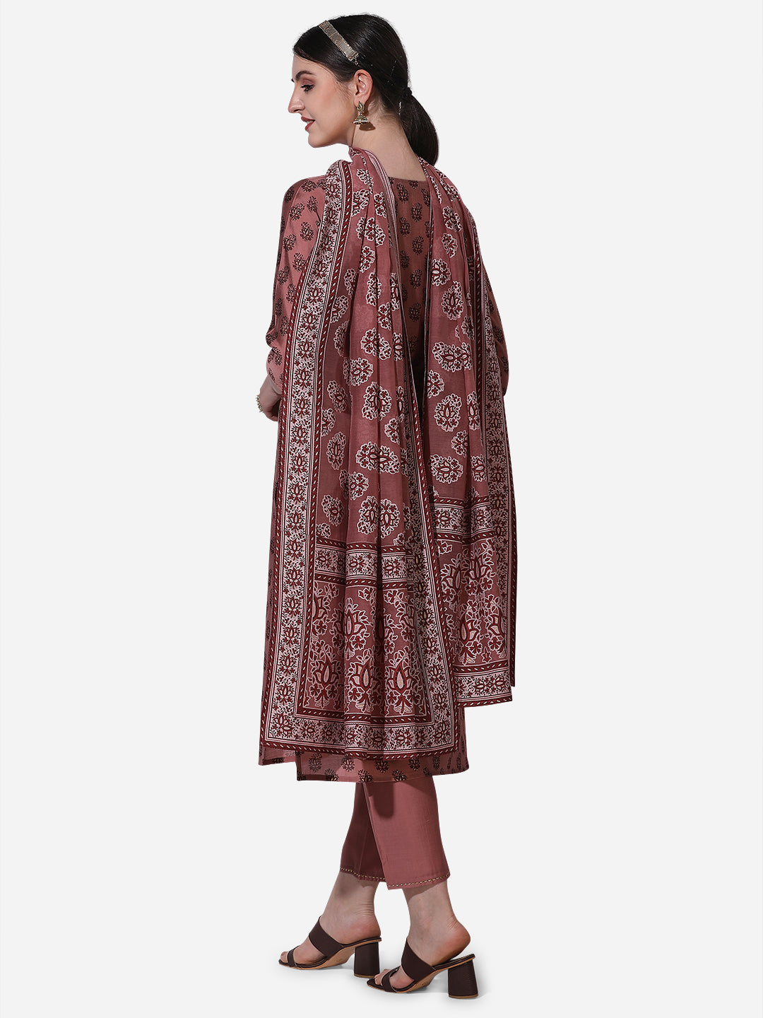 Floral Printed Rust Kurta With Pant And Dupatta Set, Multicolor - Hiral Fashion