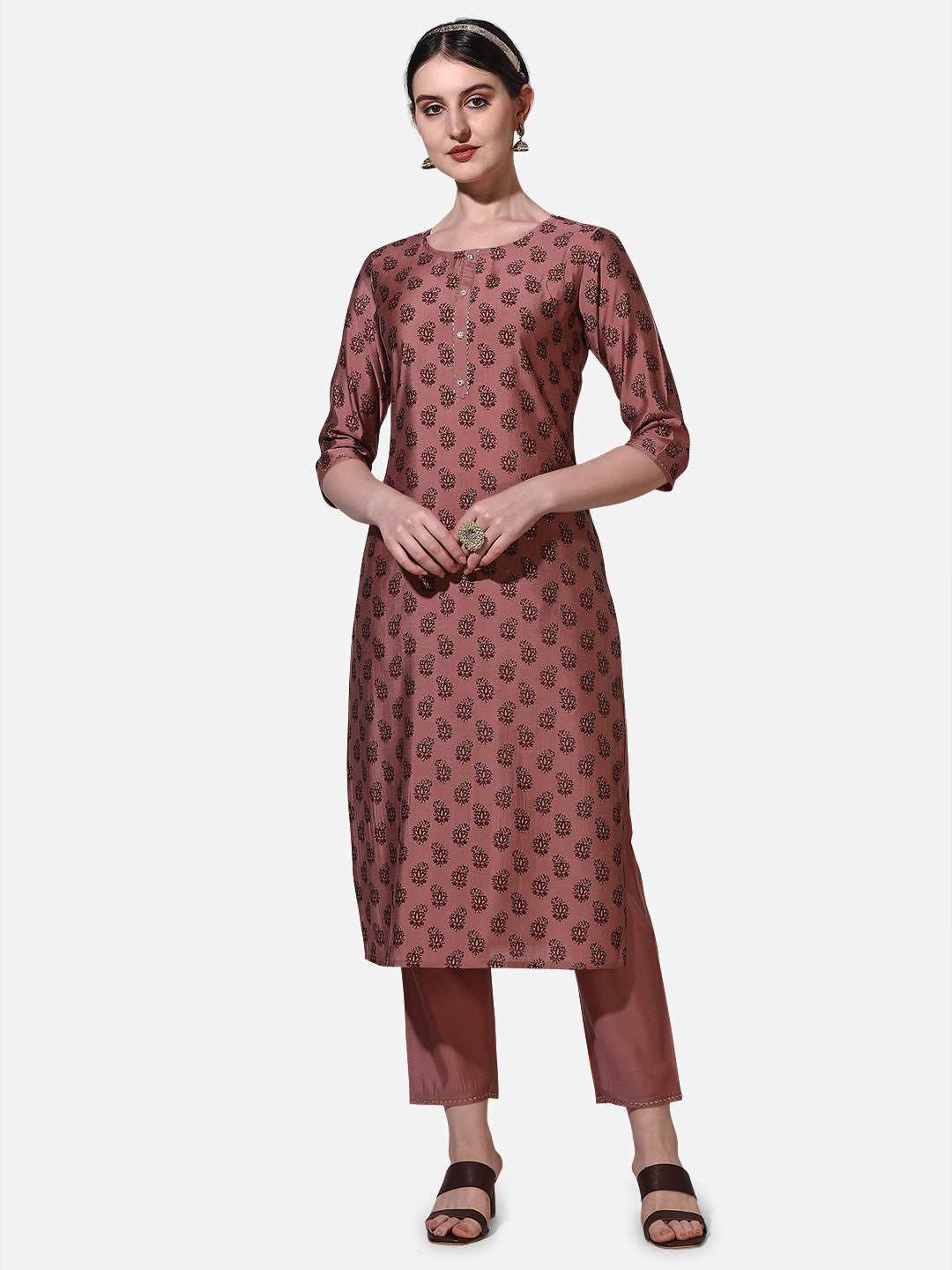 Floral Printed Rust Kurta With Pant And Dupatta Set, Multicolor - Hiral Fashion