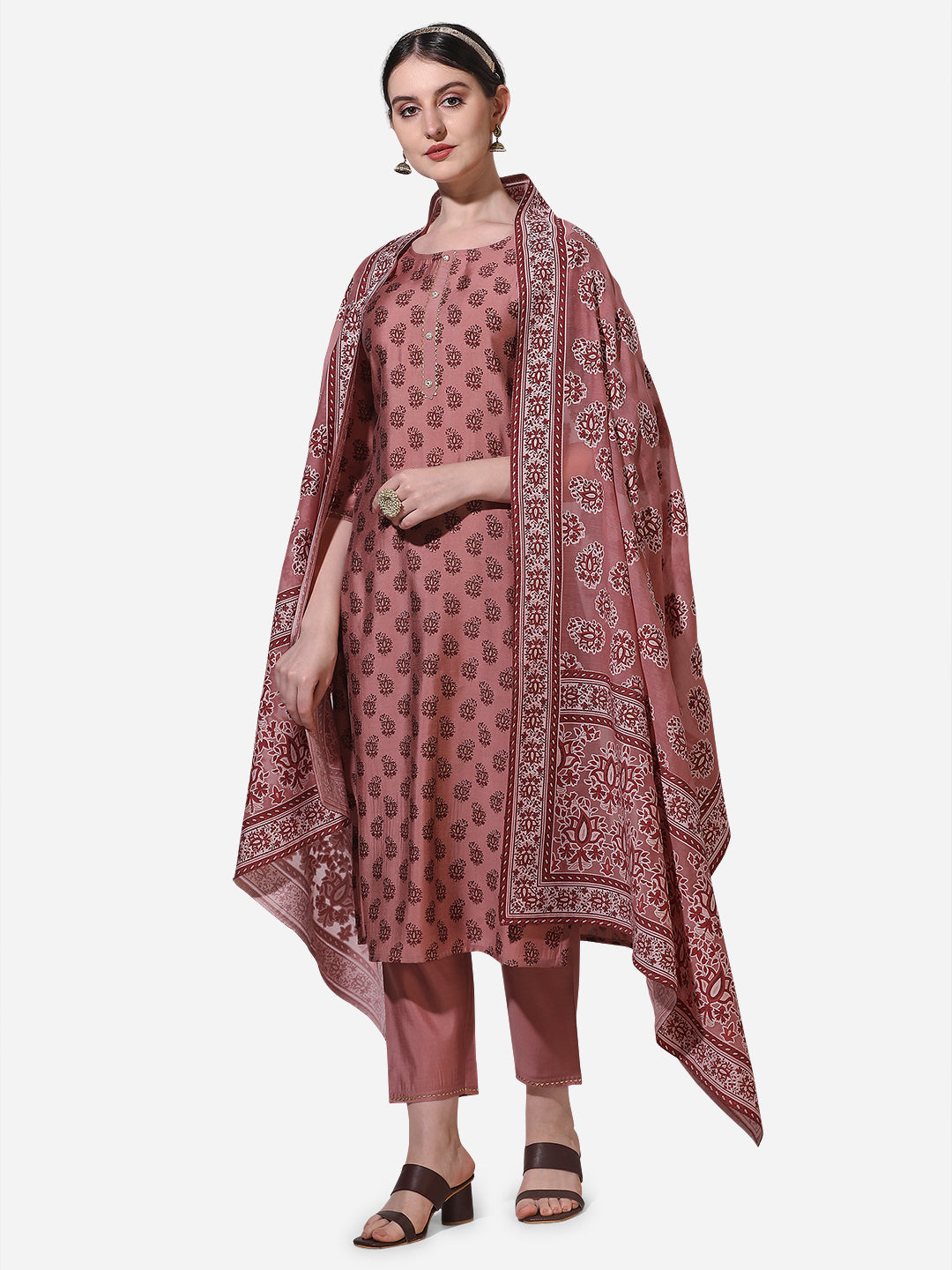 Floral Printed Rust Kurta With Pant And Dupatta Set, Multicolor - Hiral Fashion