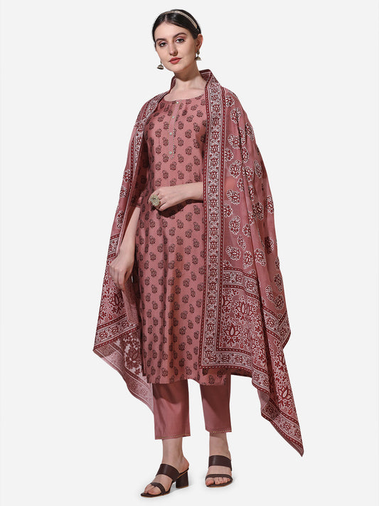 Floral Printed Rust Kurta With Pant And Dupatta Set, Multicolor - Hiral Fashion