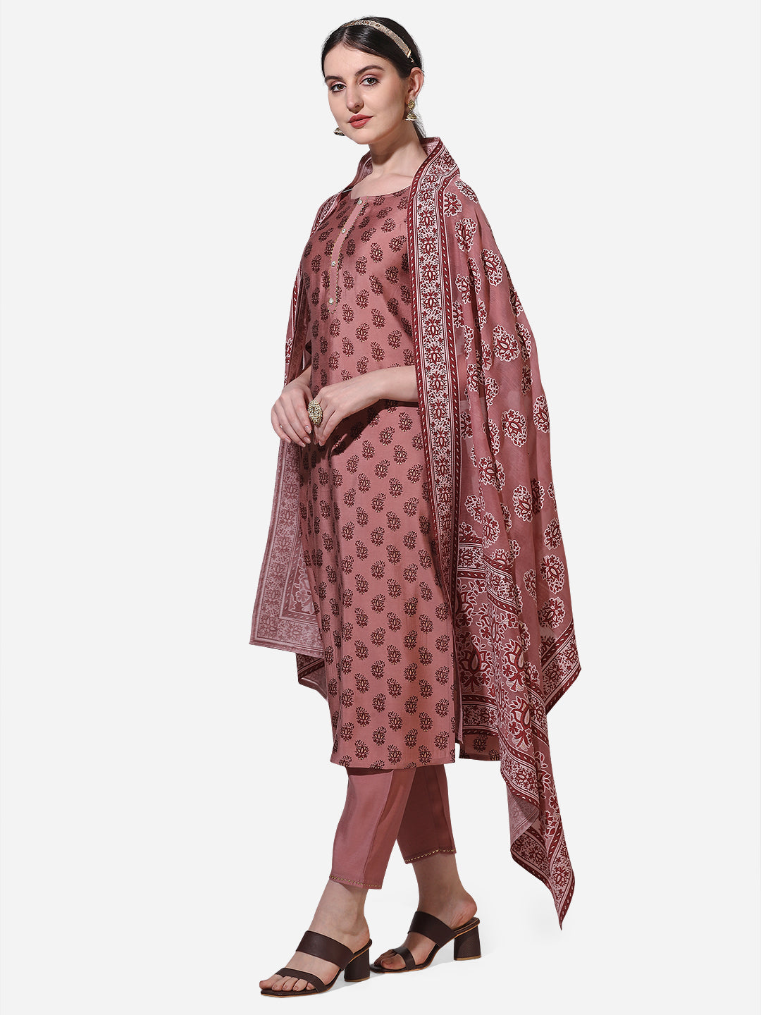 Floral Printed Rust Kurta With Pant And Dupatta Set, Multicolor - Hiral Fashion