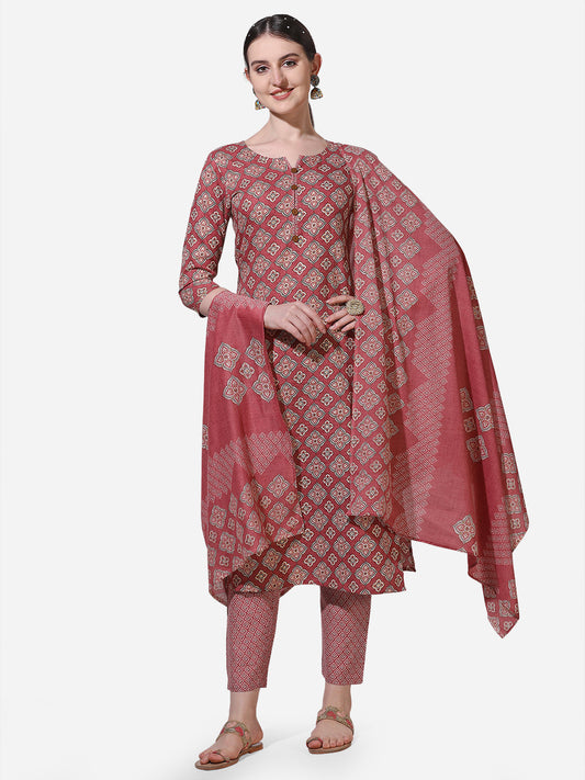 Floral Printed Kurta With Pant And Dupatta Set, Multicolor - Hiral Fashion