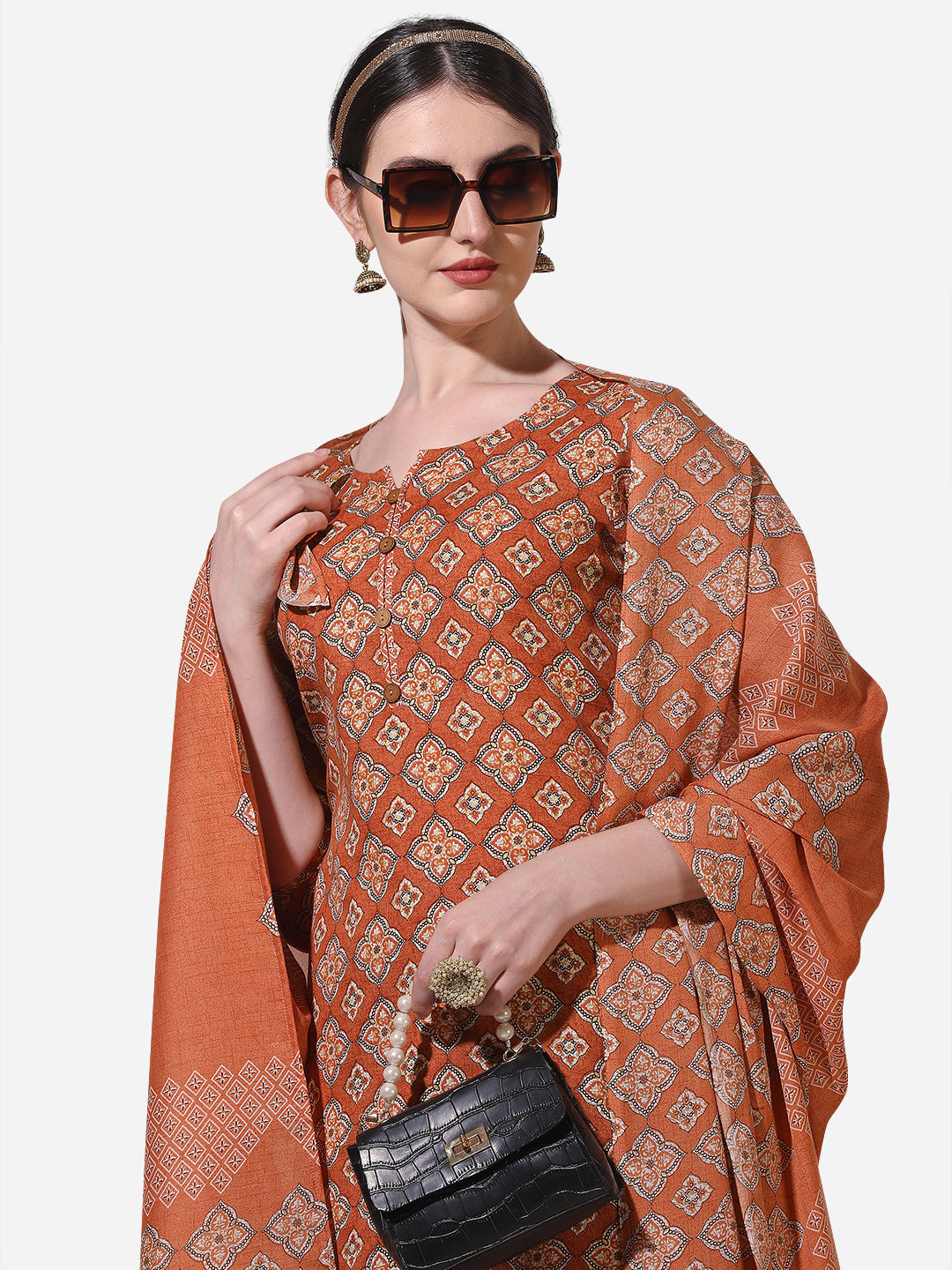 Floral Printed Rust Kurta With Pant And Dupatta Set, Multicolor - Hiral Fashion