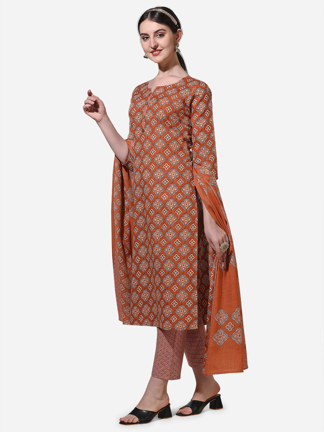 Floral Printed Rust Kurta With Pant And Dupatta Set, Multicolor - Hiral Fashion