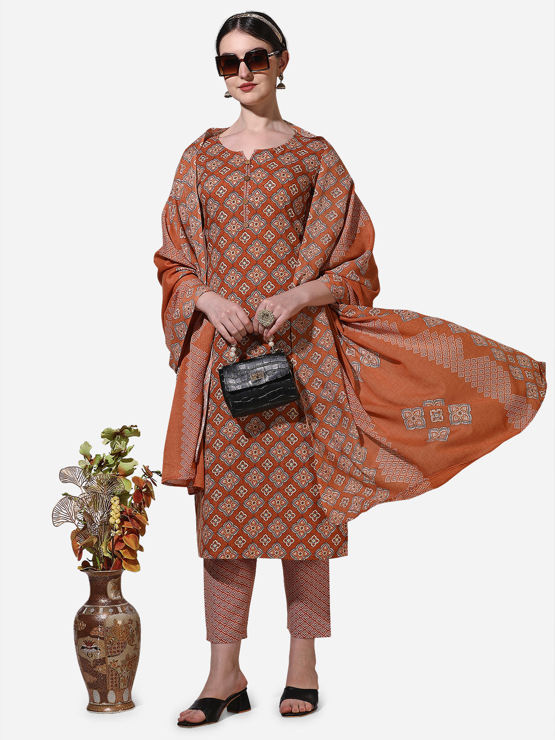 Floral Printed Rust Kurta With Pant And Dupatta Set, Multicolor - Hiral Fashion