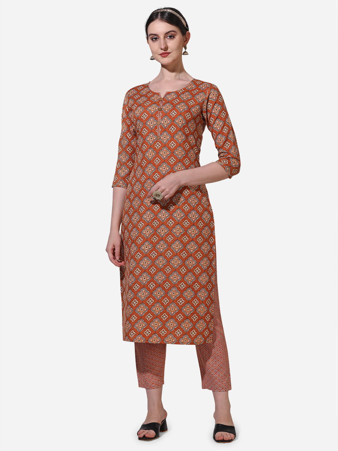 Floral Printed Rust Kurta With Pant And Dupatta Set, Multicolor - Hiral Fashion