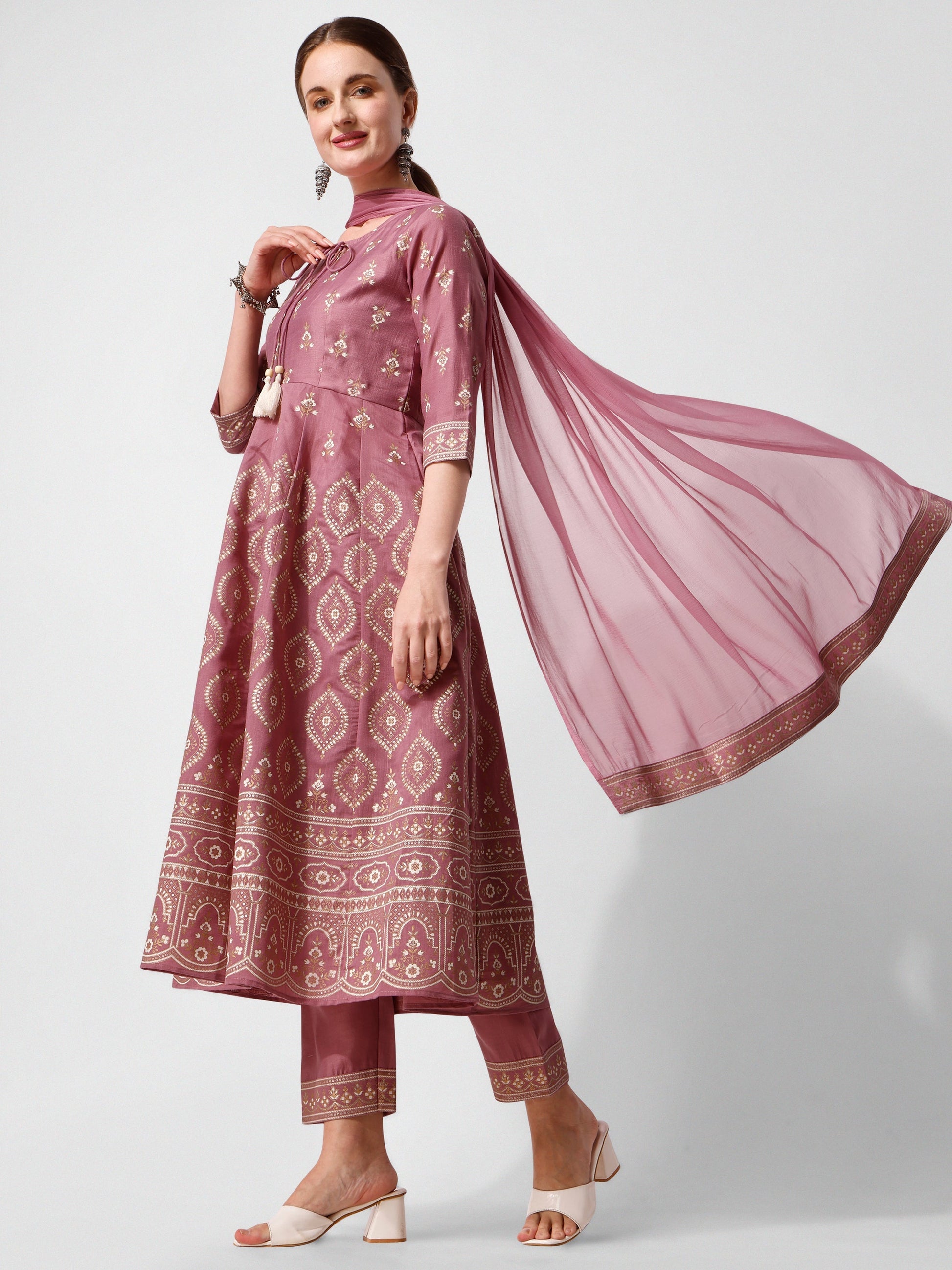 Anarkali Printed Kurta Suit With Pant And Dupatta Set, Multicolor - Hiral Fashion