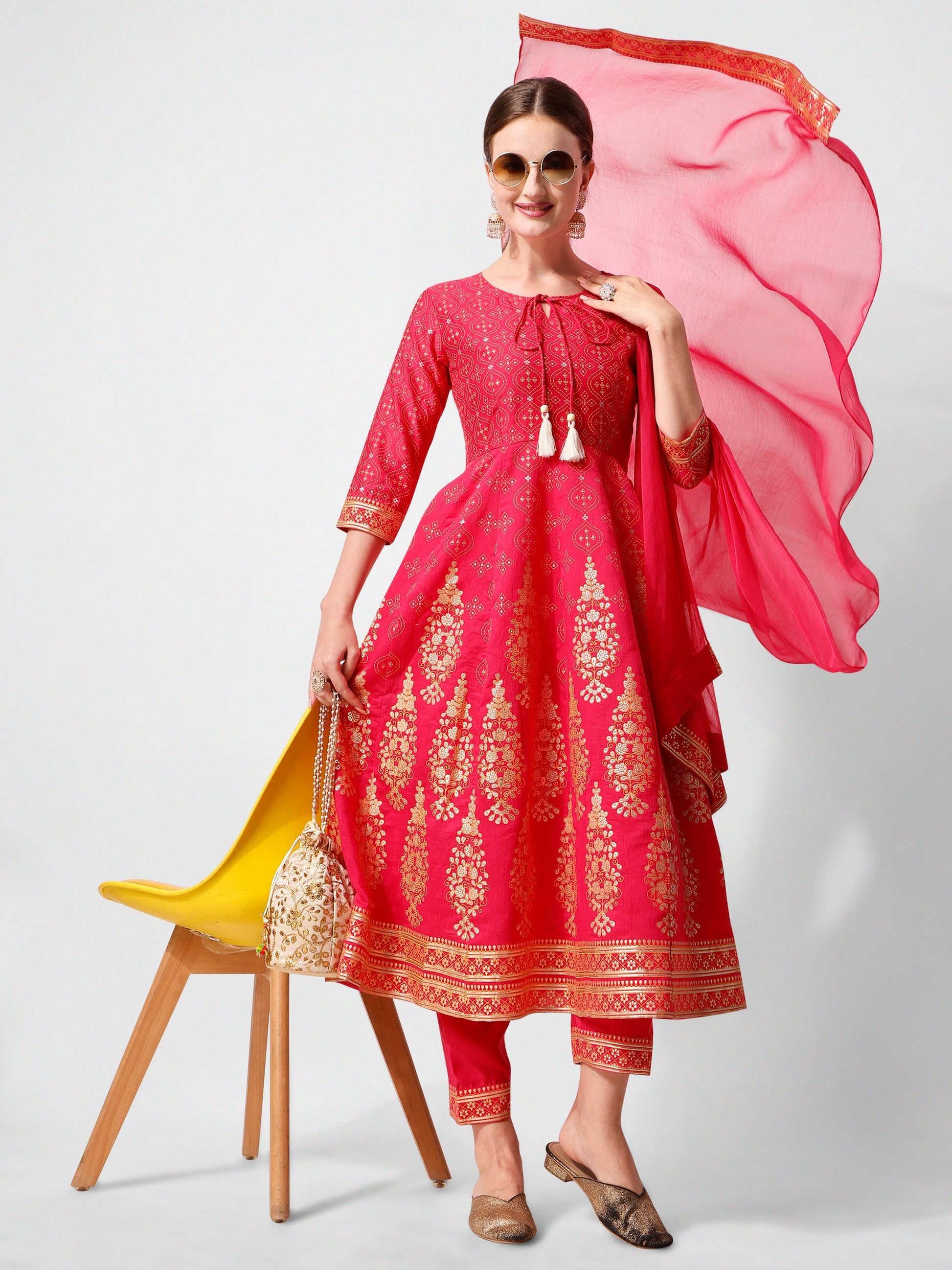Anarkali Hot Printed Kurta Suit With Pant And Dupatta Set, Multicolor - Hiral Fashion