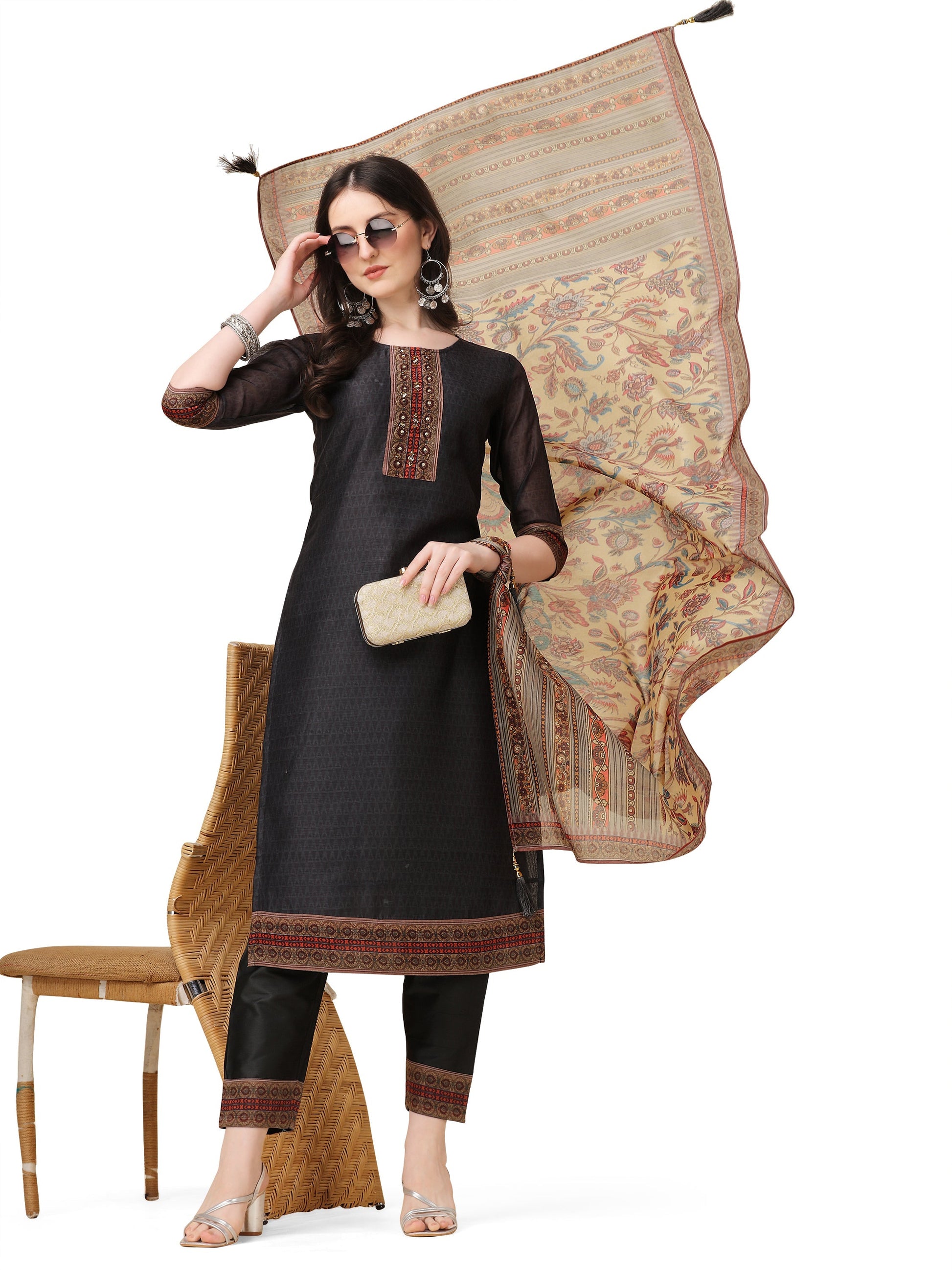 Embroidered And Printed Kurta With And Dupatta Set, Multicolor - Hiral Fashion