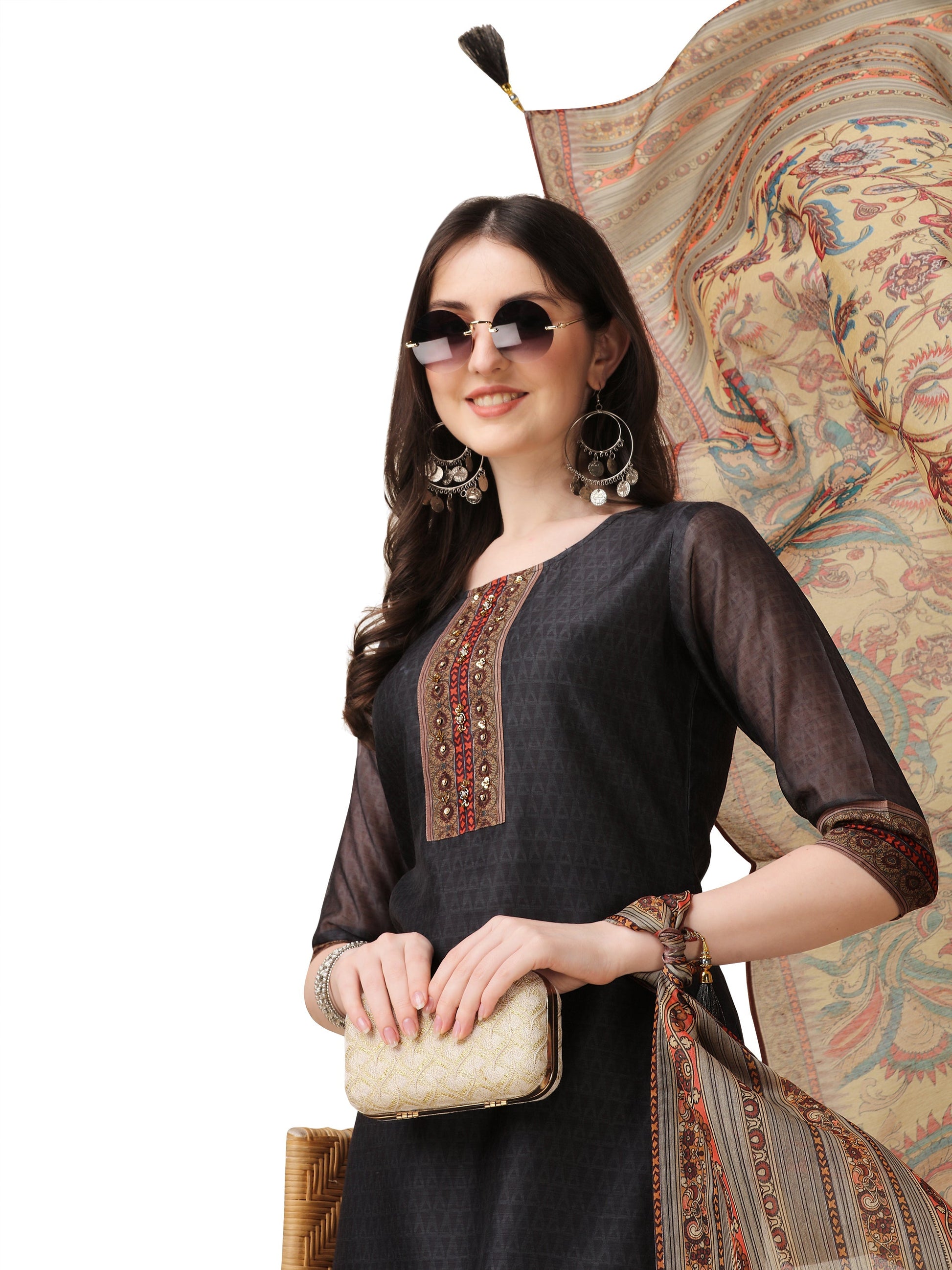 Embroidered And Printed Kurta With And Dupatta Set, Multicolor - Hiral Fashion