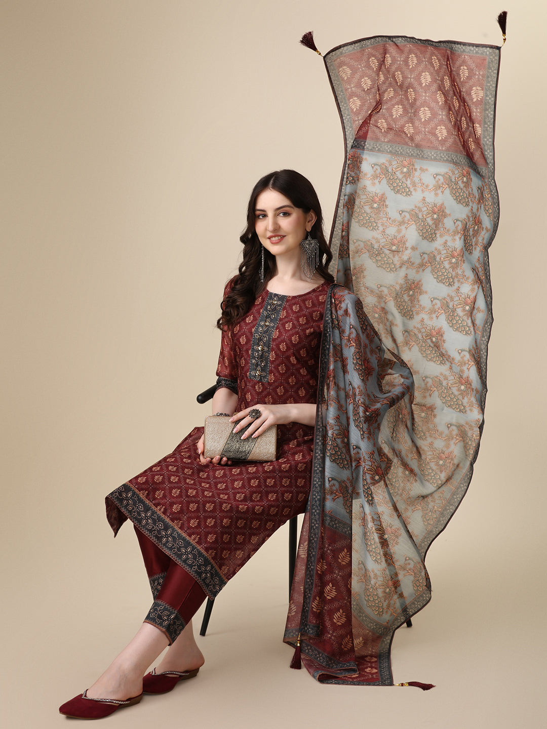 Pinted & Embroidered Kurta With Pant & Dupatta Set, Multicolor - Hiral Fashion