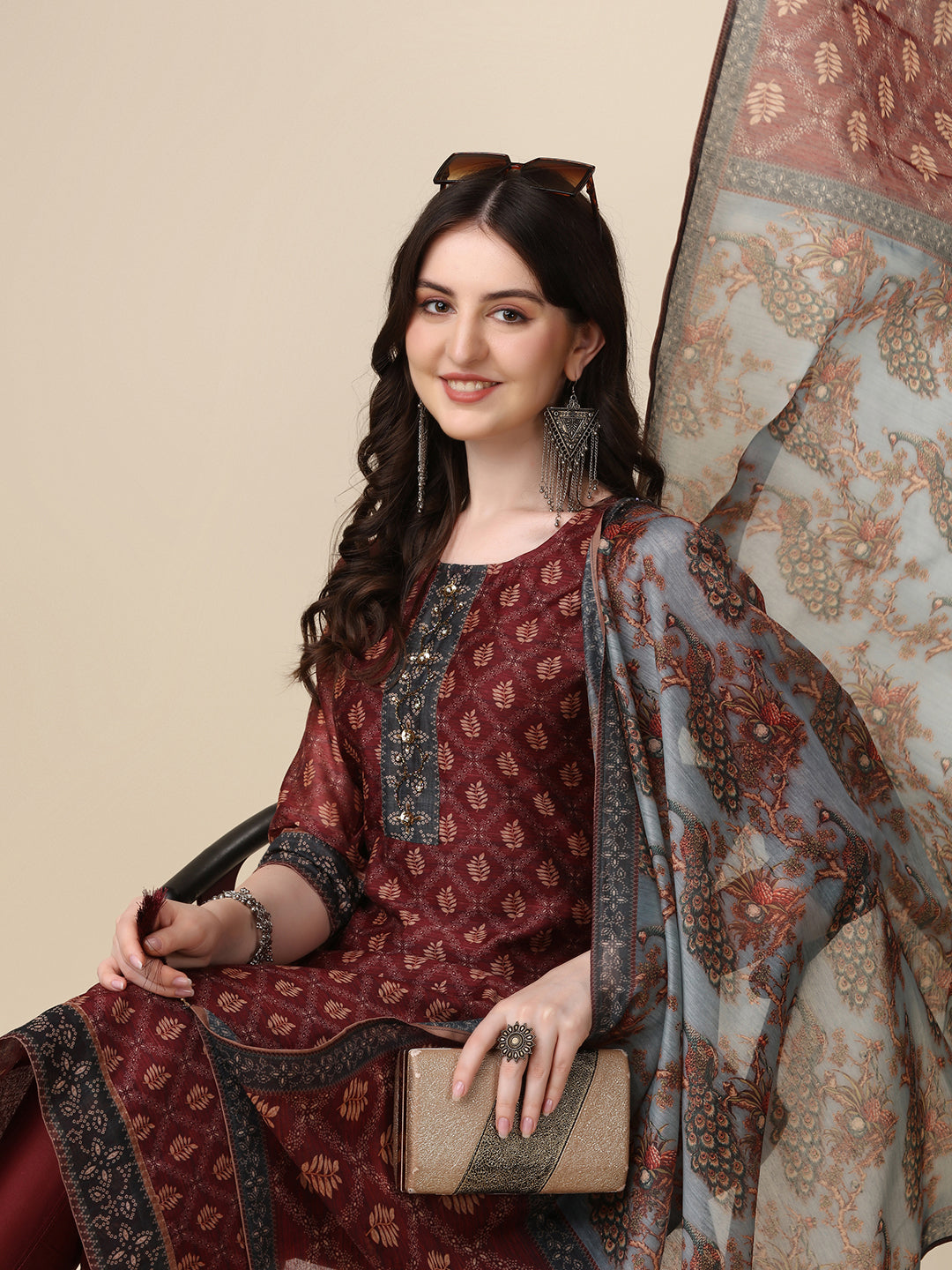 Pinted & Embroidered Kurta With Pant & Dupatta Set, Multicolor - Hiral Fashion