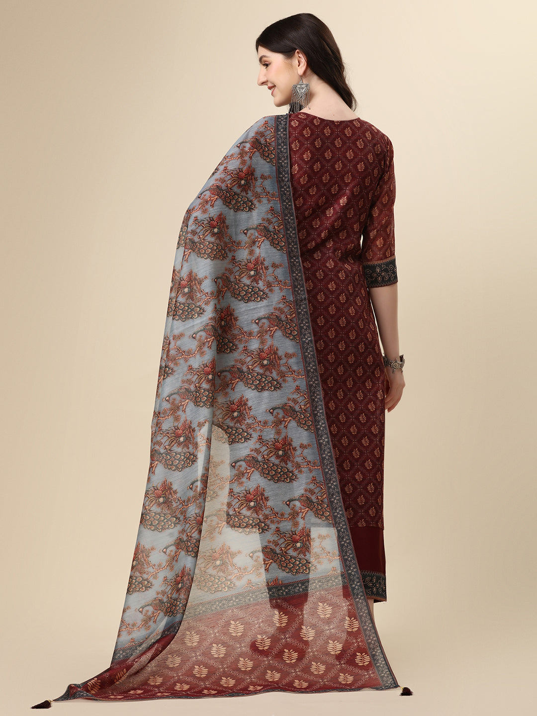 Pinted & Embroidered Kurta With Pant & Dupatta Set, Multicolor - Hiral Fashion