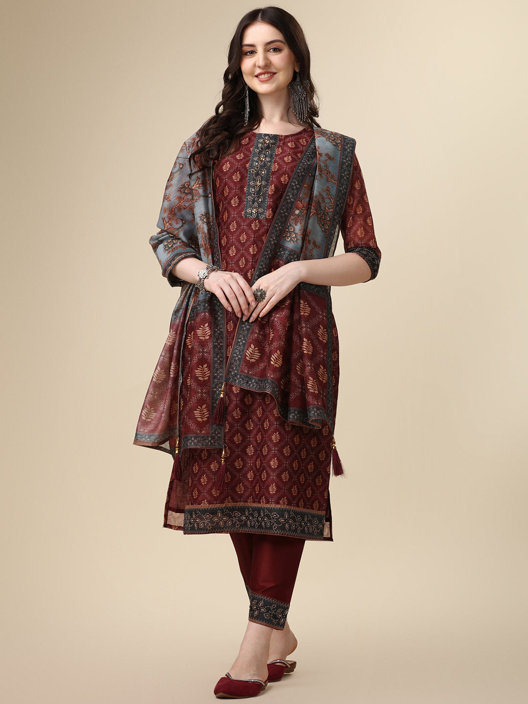 Pinted & Embroidered Kurta With Pant & Dupatta Set, Multicolor - Hiral Fashion