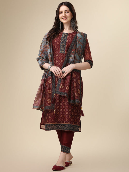 Pinted & Embroidered Kurta With Pant & Dupatta Set, Multicolor - Hiral Fashion