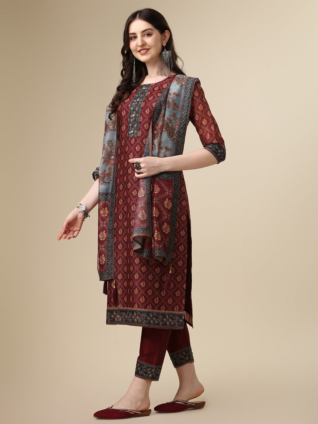 Pinted & Embroidered Kurta With Pant & Dupatta Set, Multicolor - Hiral Fashion