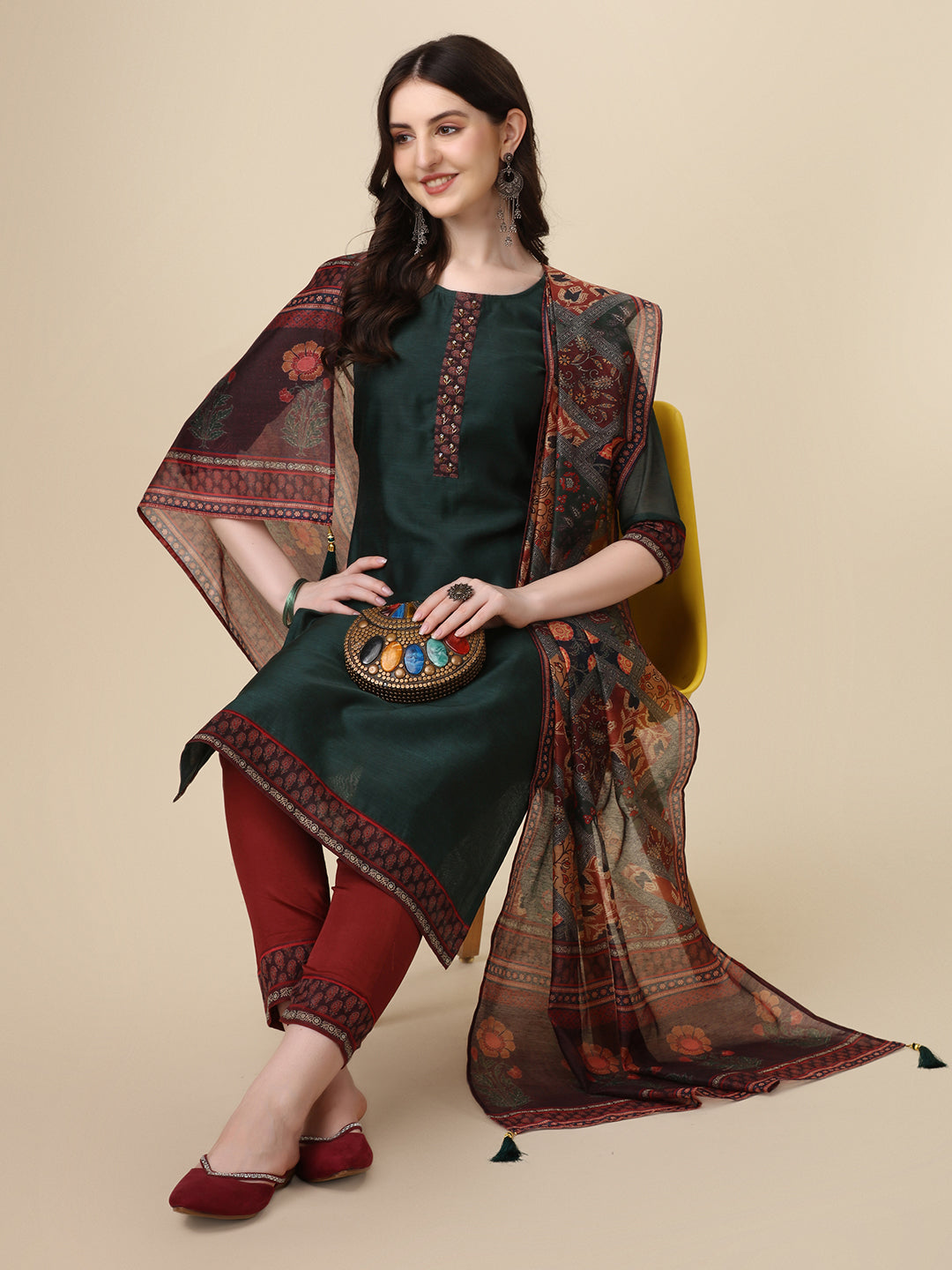 Embroidered Kurta With Pant & Printed Dupatta Set, Multicolor - Hiral Fashion