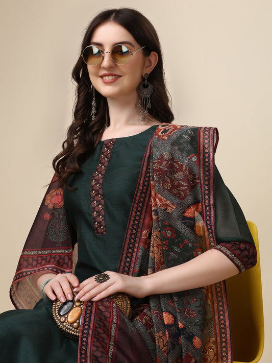 Embroidered Kurta With Pant & Printed Dupatta Set, Multicolor - Hiral Fashion