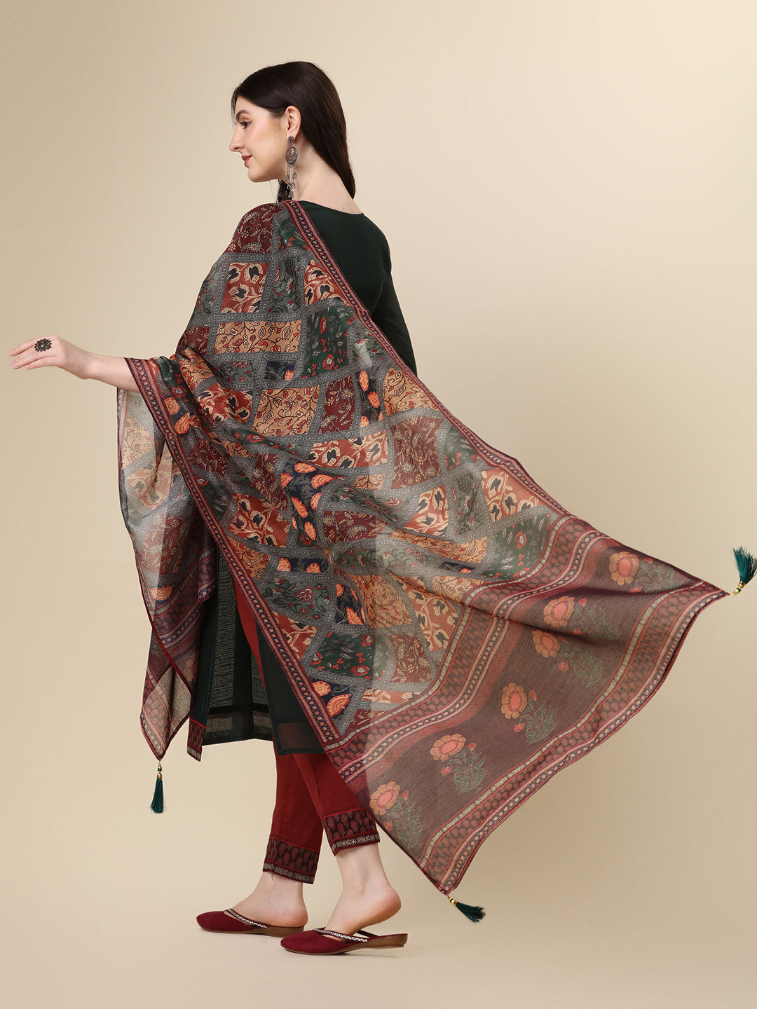 Embroidered Kurta With Pant & Printed Dupatta Set, Multicolor - Hiral Fashion