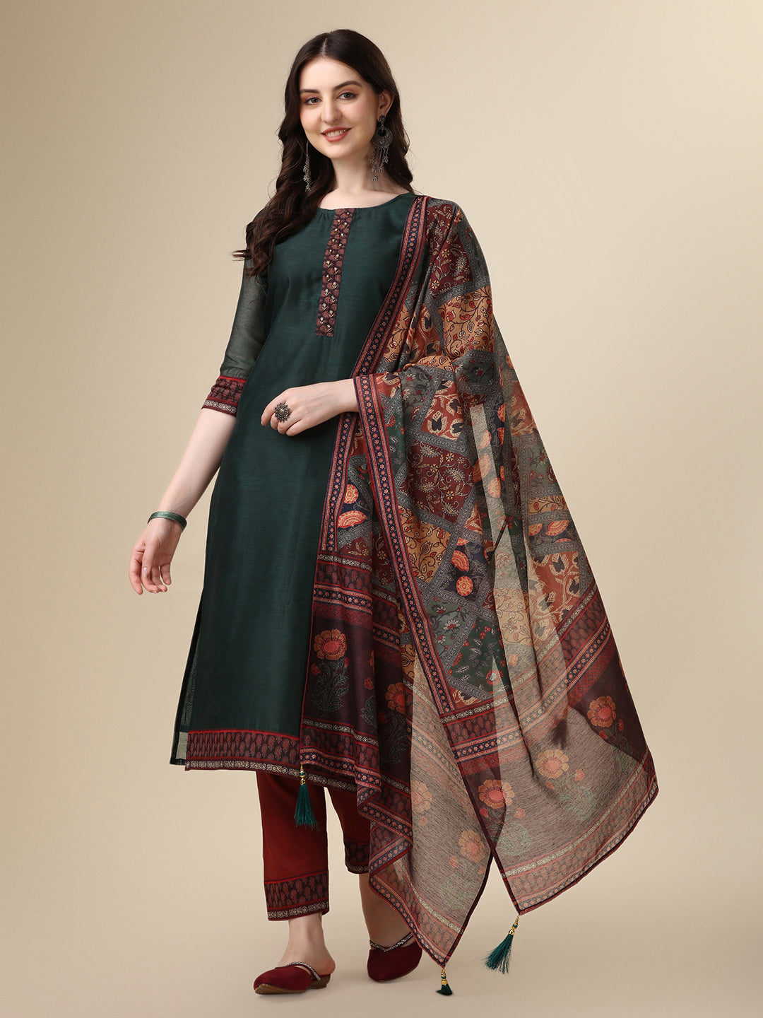 Embroidered Kurta With Pant & Printed Dupatta Set, Multicolor - Hiral Fashion