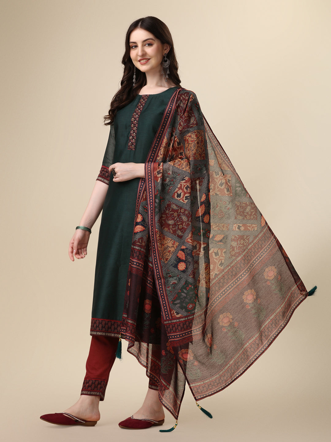 Embroidered Kurta With Pant & Printed Dupatta Set, Multicolor - Hiral Fashion
