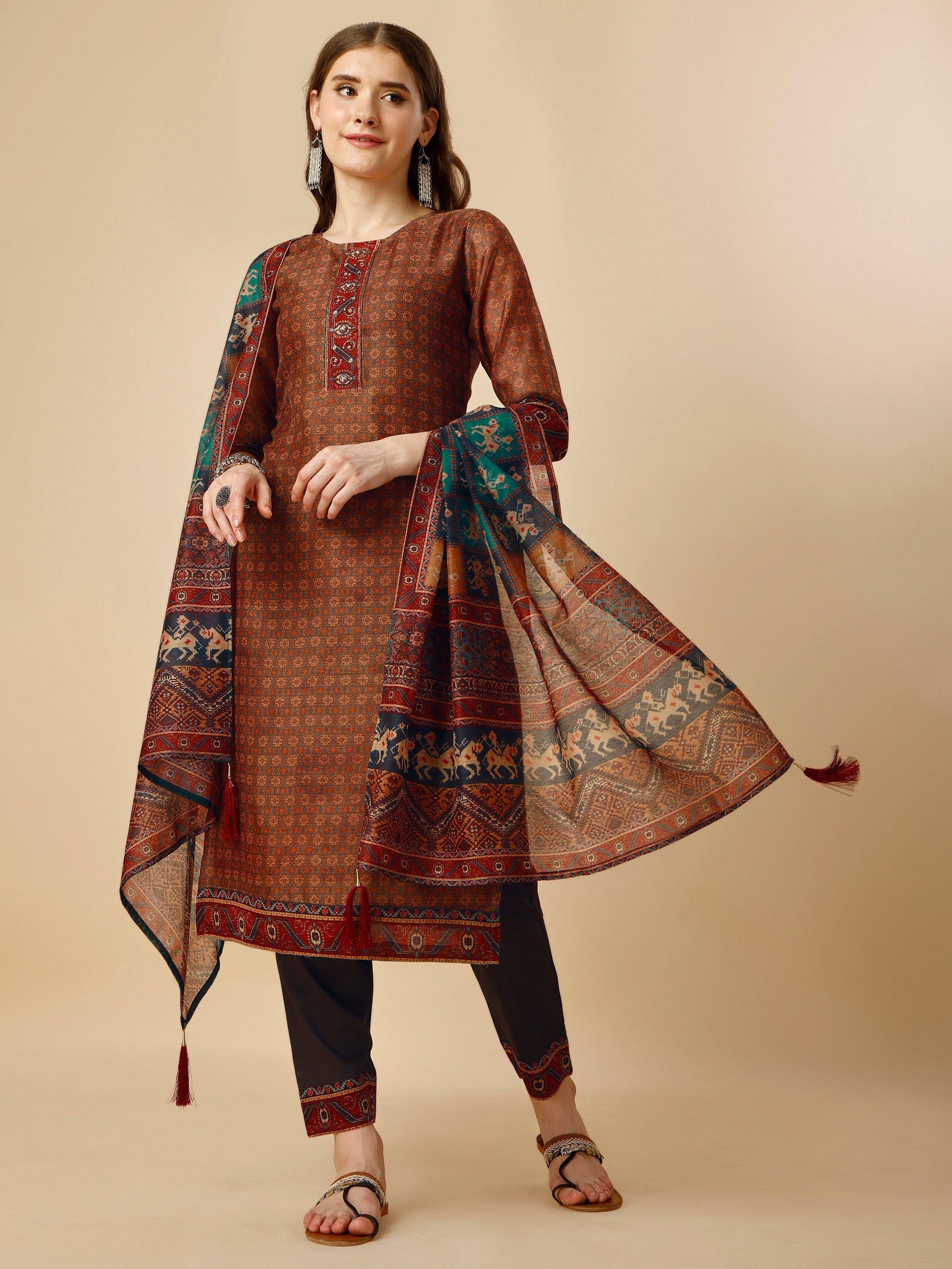 Printed Kurta With Pant And Printed Dupatta Set, Multicolor - Hiral Fashion