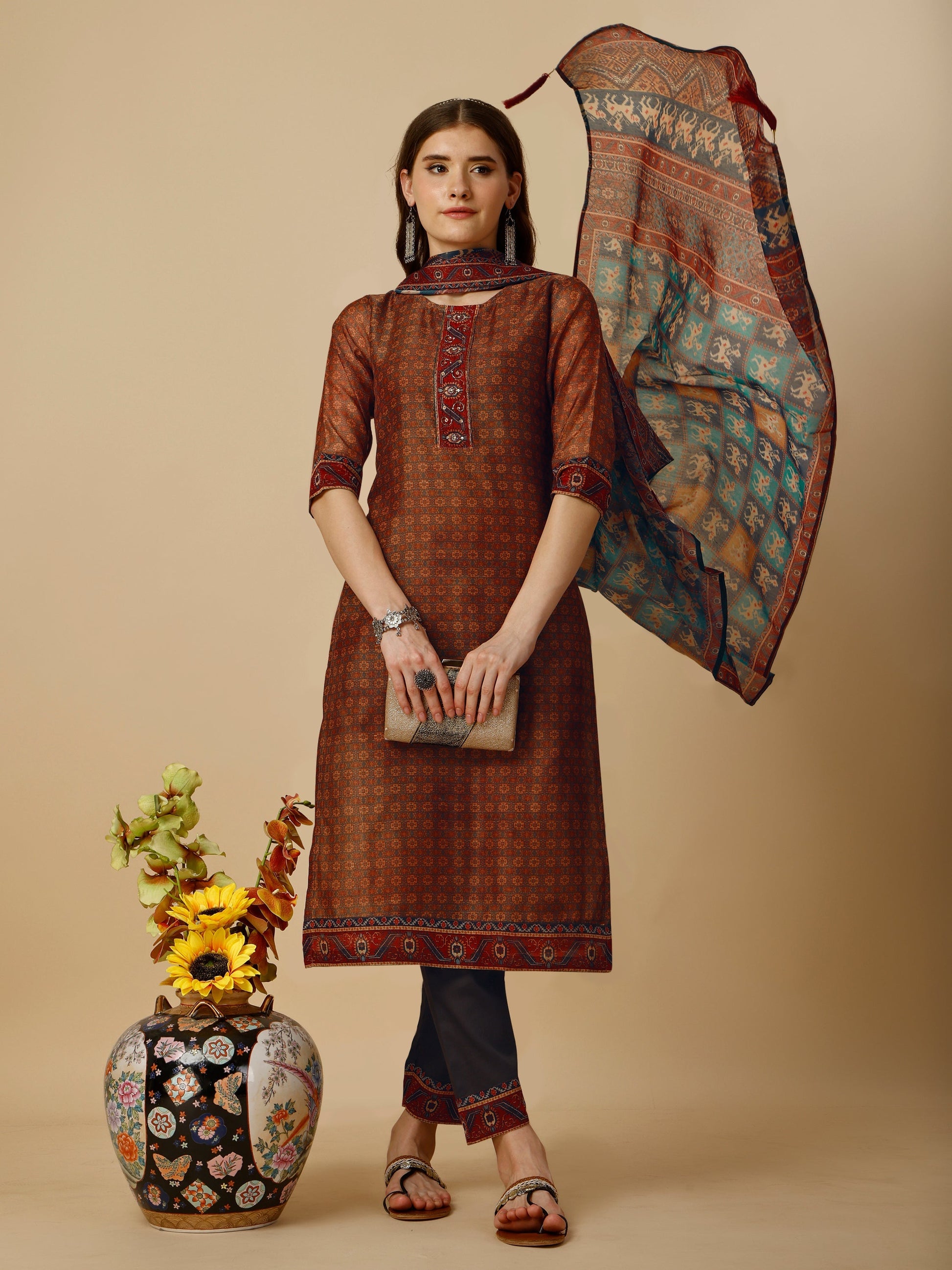 Printed Kurta With Pant And Printed Dupatta Set, Multicolor - Hiral Fashion