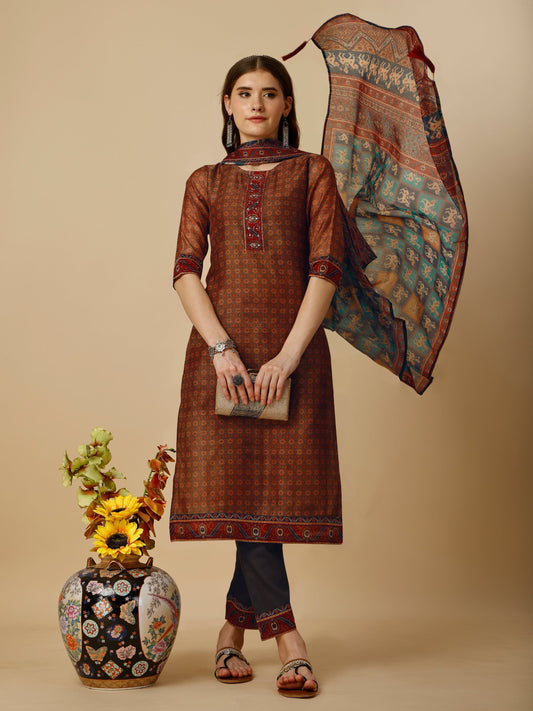 Printed Kurta With Pant And Printed Dupatta Set, Multicolor - Hiral Fashion