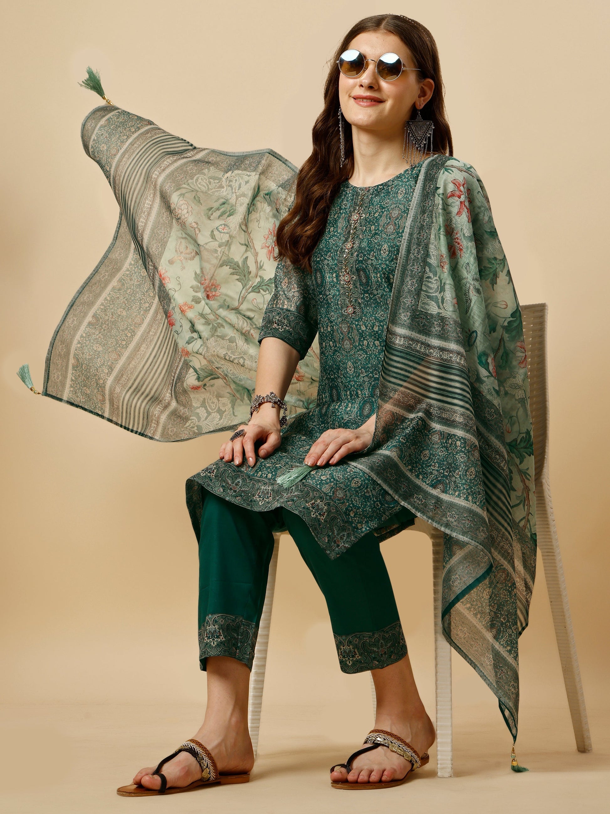 Printed Kurta With Pant And Dupatta Set, Multicolor - Hiral Fashion