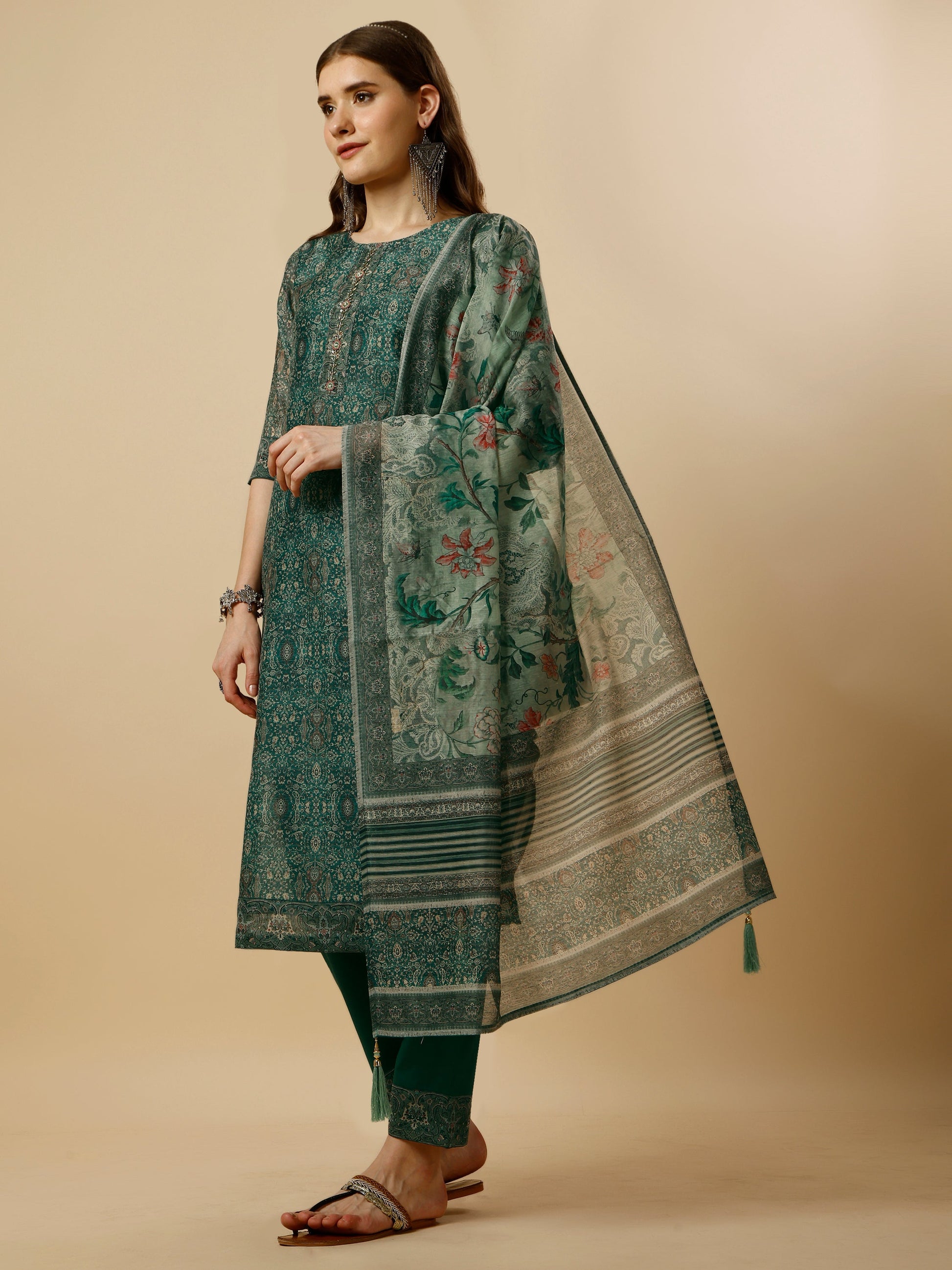Printed Kurta With Pant And Dupatta Set, Multicolor - Hiral Fashion